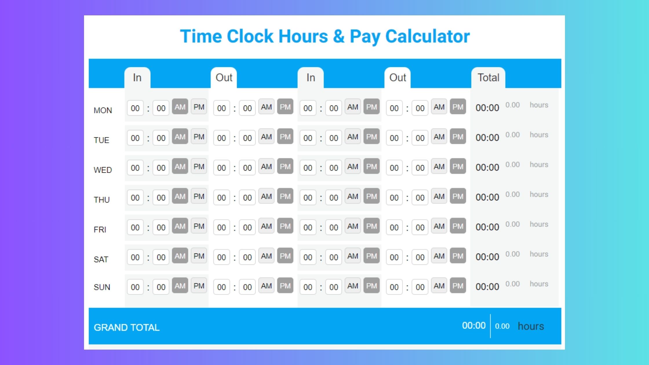 Weekly Time Clock Hours and Pay Calculator