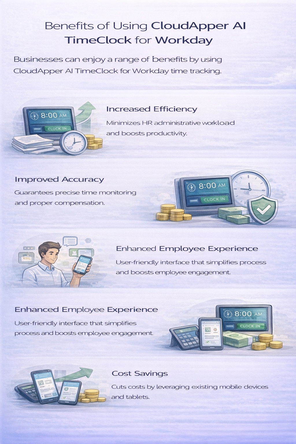 Portrait infographic highlighting the benefits of CloudApper AI TimeClock for Workday time tracking, including increased efficiency, improved accuracy, enhanced employee experience, and cost savings.