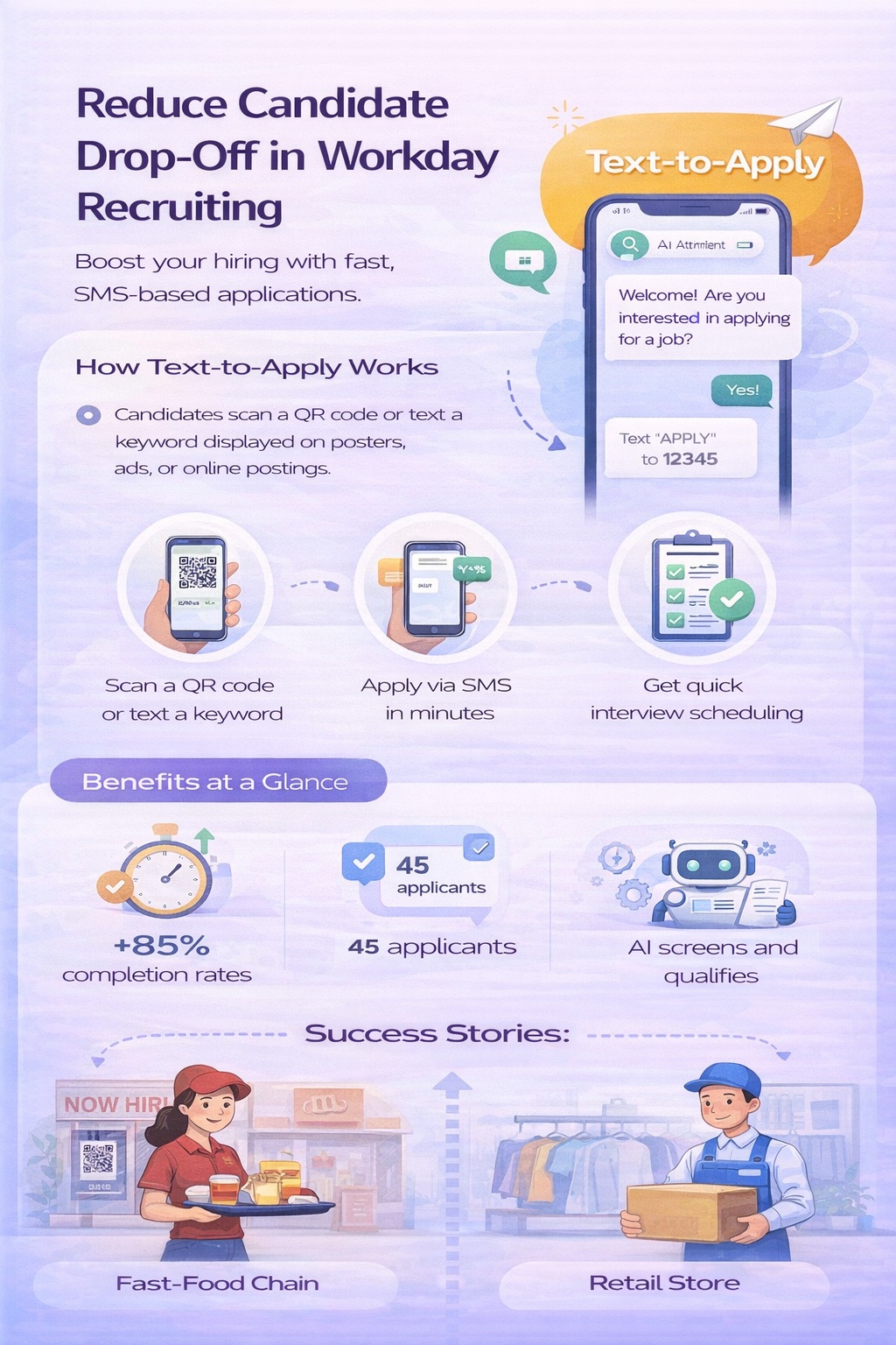 Portrait infographic illustrating how Text-to-Apply reduces candidate drop-off in Workday recruiting through QR code applications, SMS conversations, and faster interview scheduling.