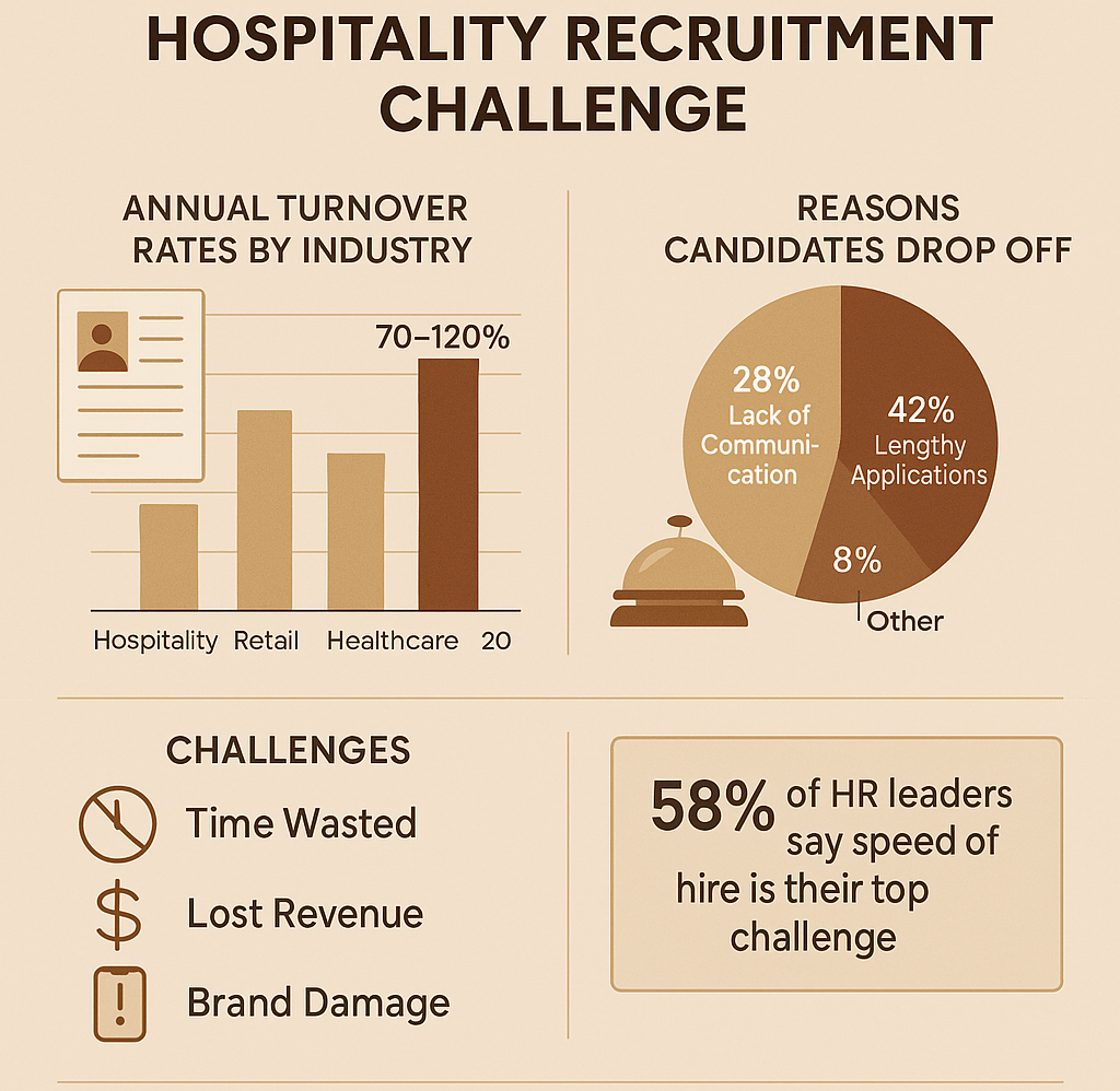 Infographic titled “Hospitality Recruitment Challenge” showing annual turnover rates by industry, reasons candidates drop off, key hiring challenges, and a statistic that 58% of HR leaders say speed of hire is their top challenge. Includes bar chart comparing Hospitality (70–120%), Retail, and Healthcare turnover; pie chart showing 42% drop-off from lengthy applications; and icons for time wasted, lost revenue, and brand damage.