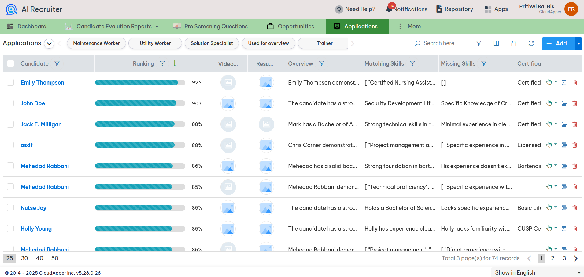 loudApper AI Recruiter applications dashboard displaying AI candidate assessment and ranking results. The screen lists candidates with ranking percentages, including Emily Thompson at 92% and John Doe at 90%. Columns show video and resume icons, dynamic AI candidate evaluation overviews, matching skills, missing skills, and certifications. The interface supports AI pre-employment testing, automated candidate screening, and skills assessment to streamline recruitment workflows. Tabs include Dashboard, Candidate Evaluation Reports, Pre Screening Questions, Opportunities, and Applications.