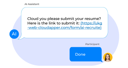 Chatbot assisting a candidate in recruitment by sharing a resume submission link, improving candidate experience in recruitment.