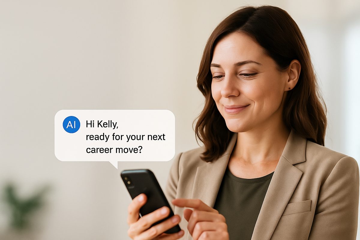 Smiling woman reading a message from an AI recruiter on her phone, enhancing candidate experience in recruitment through personalized engagement.