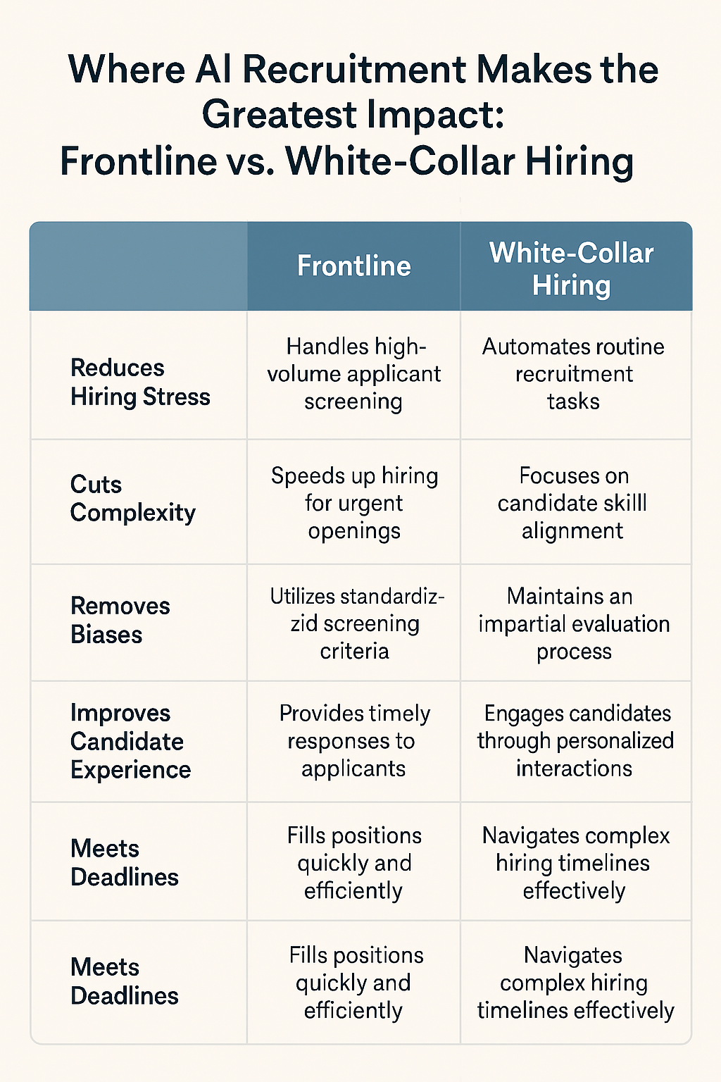 Infographic comparing the impact of AI recruitment on frontline versus white-collar hiring across key areas like hiring stress, complexity, bias, candidate experience, and meeting deadlines.