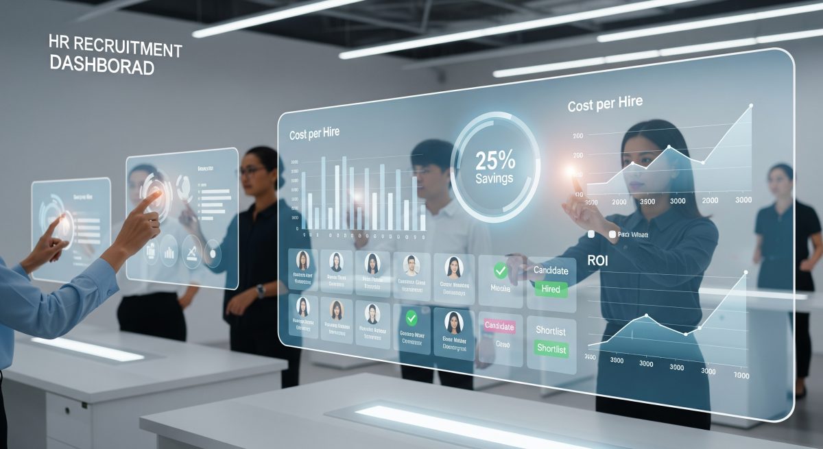 A diverse team of HR professionals in a futuristic office interacts with a large, glowing holographic dashboard. The screen displays recruitment analytics, including a 'Cost per Hire' bar graph, a '25% Savings' badge, and candidate profiles with 'Hired' and 'Shortlist' tags. The aesthetic is hyper-realistic and high-tech, with a blue and white color scheme.
