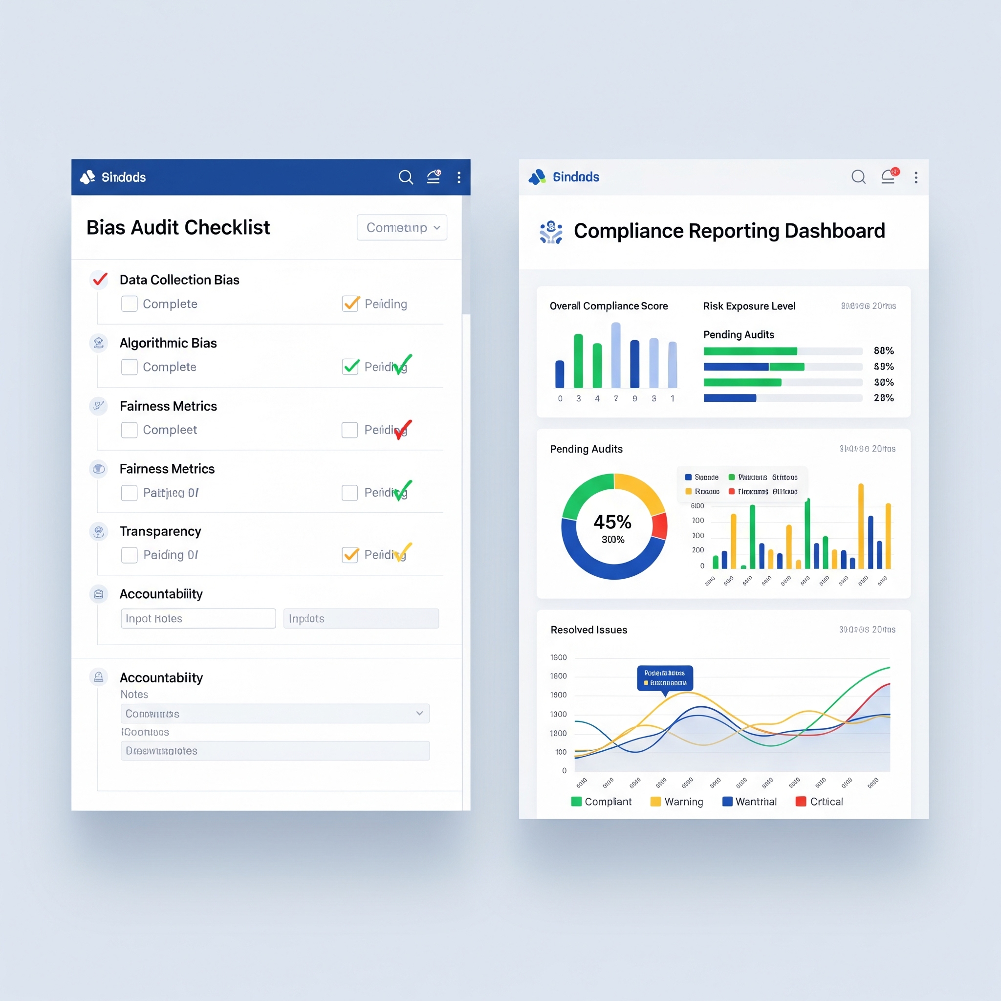 Visual showing bias audit checklist and compliance reporting dashboard.