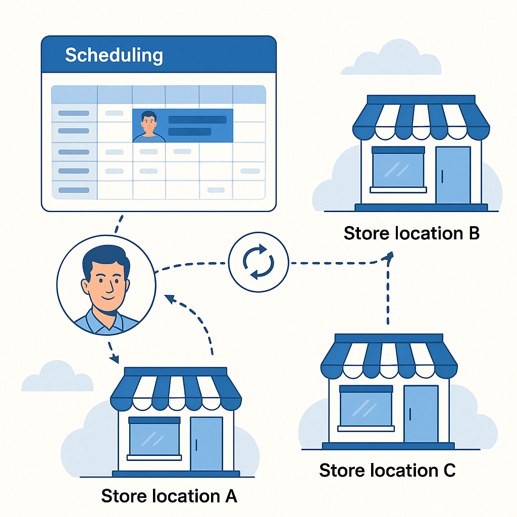 A visual showing an employee being scheduled across 3 different store locations with real-time sync enabled across all