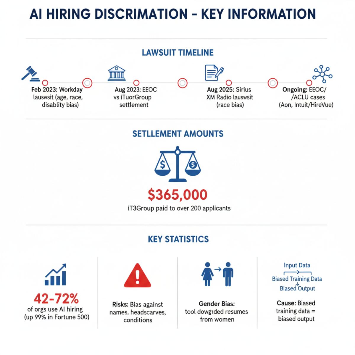 Lawsuit Timeline (Top section): A horizontal timeline with icons (gavel, courthouse, lawsuit papers) showing: Feb 2023: Workday lawsuit (age, race, disability bias). Aug 2023: EEOC vs iTutorGroup settlement. Aug 2025: Sirius XM Radio lawsuit (race bias). Ongoing: EEOC/ACLU cases (Aon, Intuit/HireVue). Settlement Amounts (Middle section): Icon of money or scales of justice with text: iTutorGroup paid $365,000 to over 200 applicants. Key Statistics (Bottom section): Use infographic icons and bold numbers: 42–72% of orgs use AI hiring (up to 99% in Fortune 500). Risks: Bias against names, headscarves, speech conditions. Gender Bias: Amazon tool downgraded resumes from women. Cause: Biased training data = biased output.