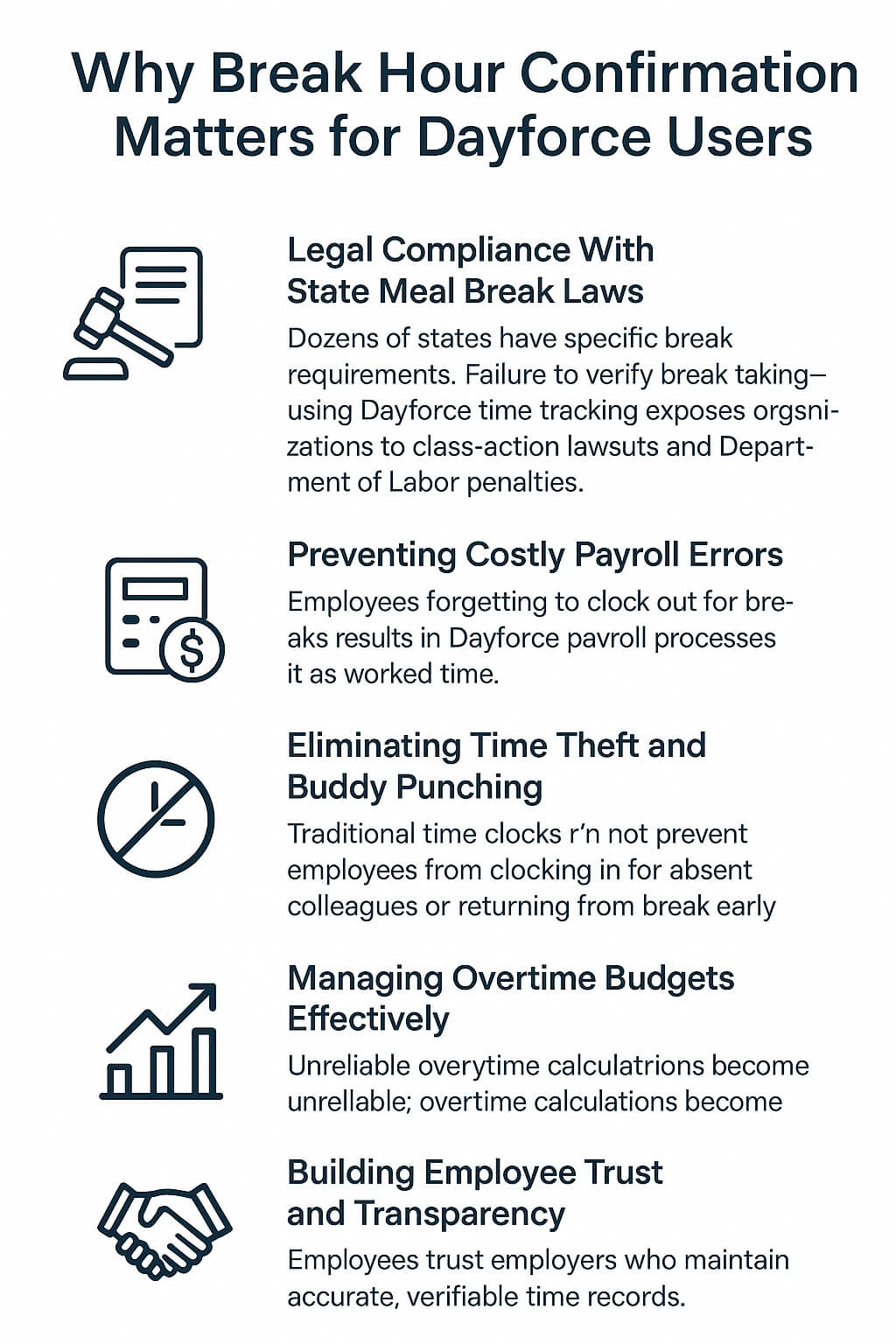 Infographic explaining why break hour confirmation matters for Dayforce users, featuring five sections on legal compliance, payroll accuracy, time theft prevention, overtime management, and employee trust.