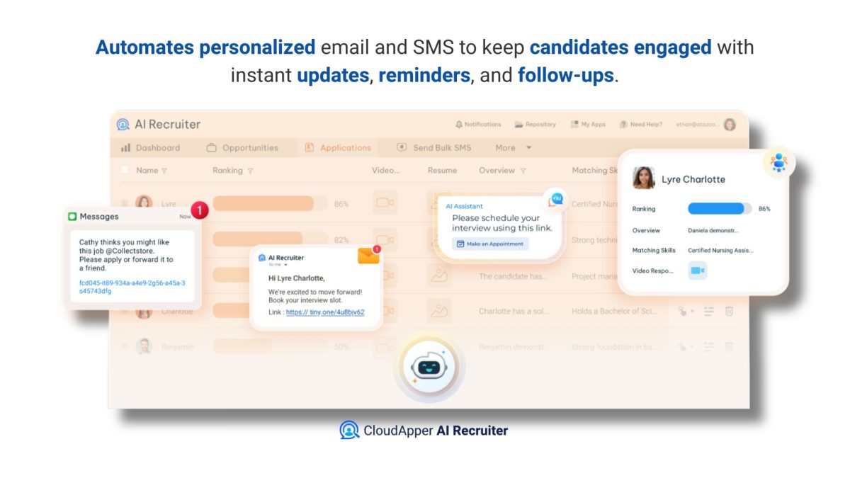 A job candidate interacting with a digital AI assistant on a screen, symbolizing AI for candidate FAQs providing instant responses during holiday downtime.