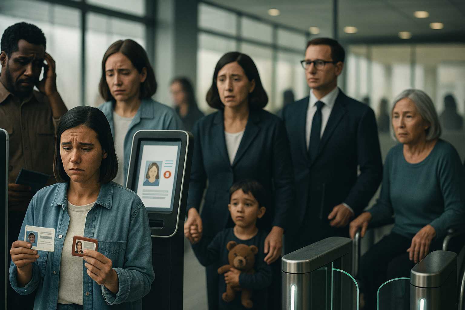 A diverse group of job candidates facing different digital ID verification barriers, illustrating how identity checks can unintentionally disadvantage certain groups during hiring.