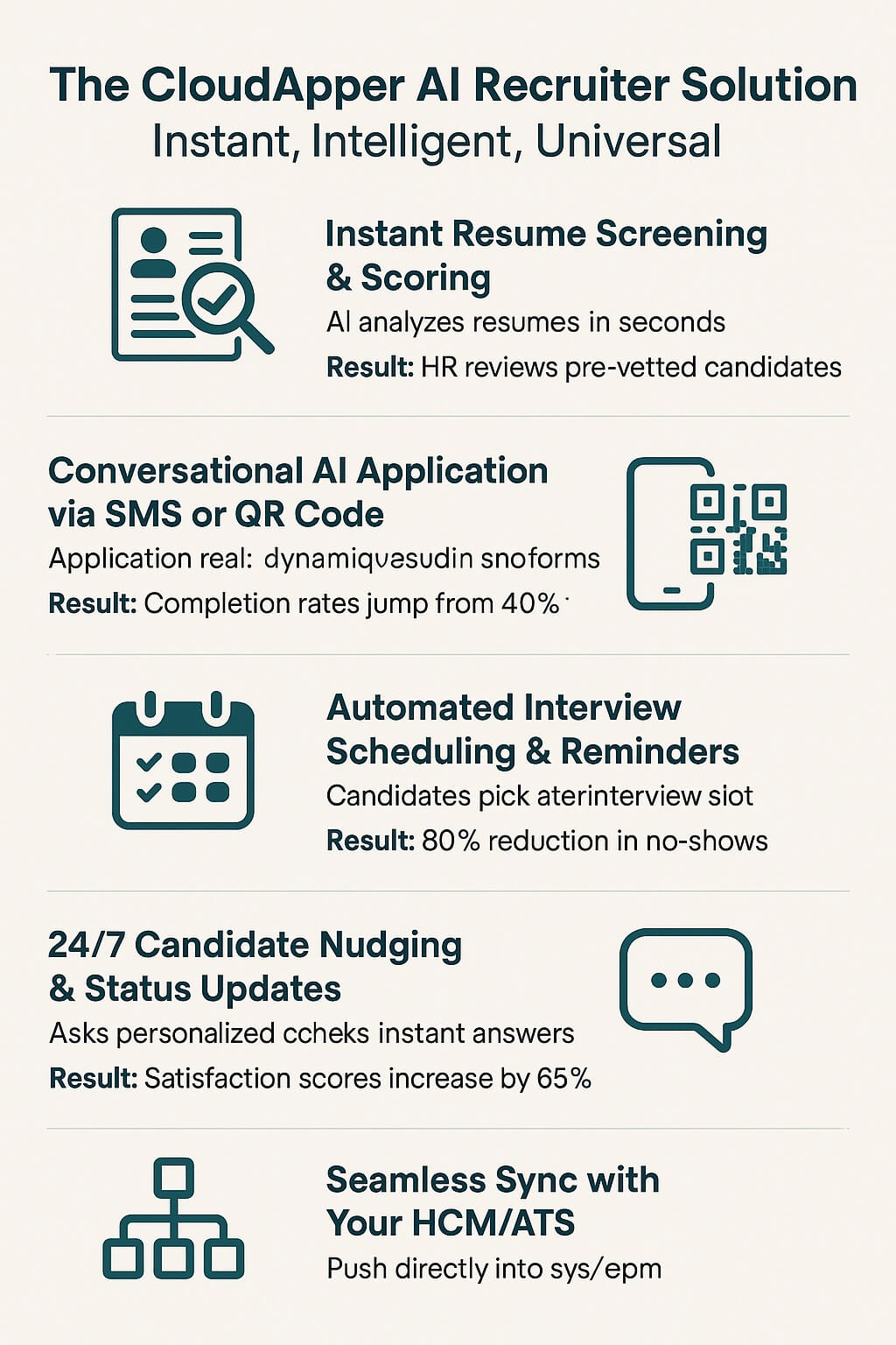 Infographic highlighting the AI Recruiter solution features including instant resume screening, conversational SMS applications, automated interview scheduling, candidate nudging, and seamless HCM/ATS integration.