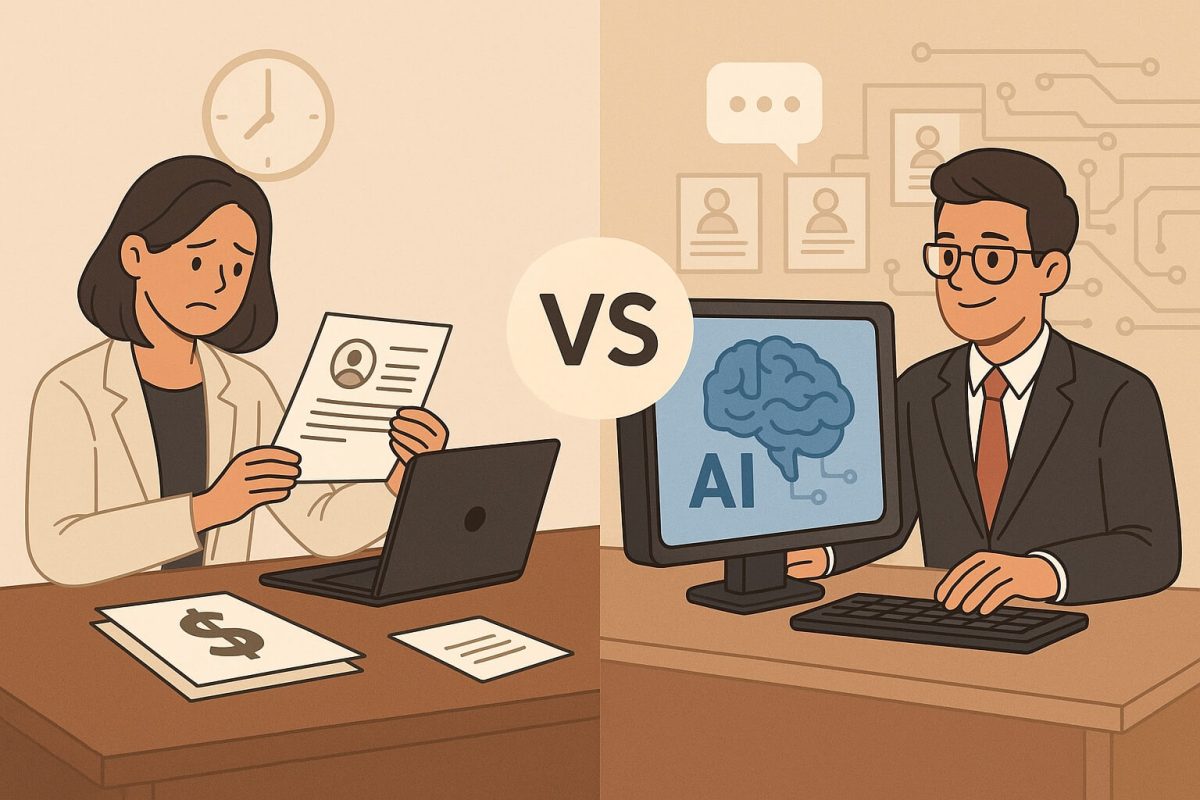 Side-by-side illustration comparing traditional recruiter reviewing resumes manually with an AI-powered recruiter using a computer for faster analysis.