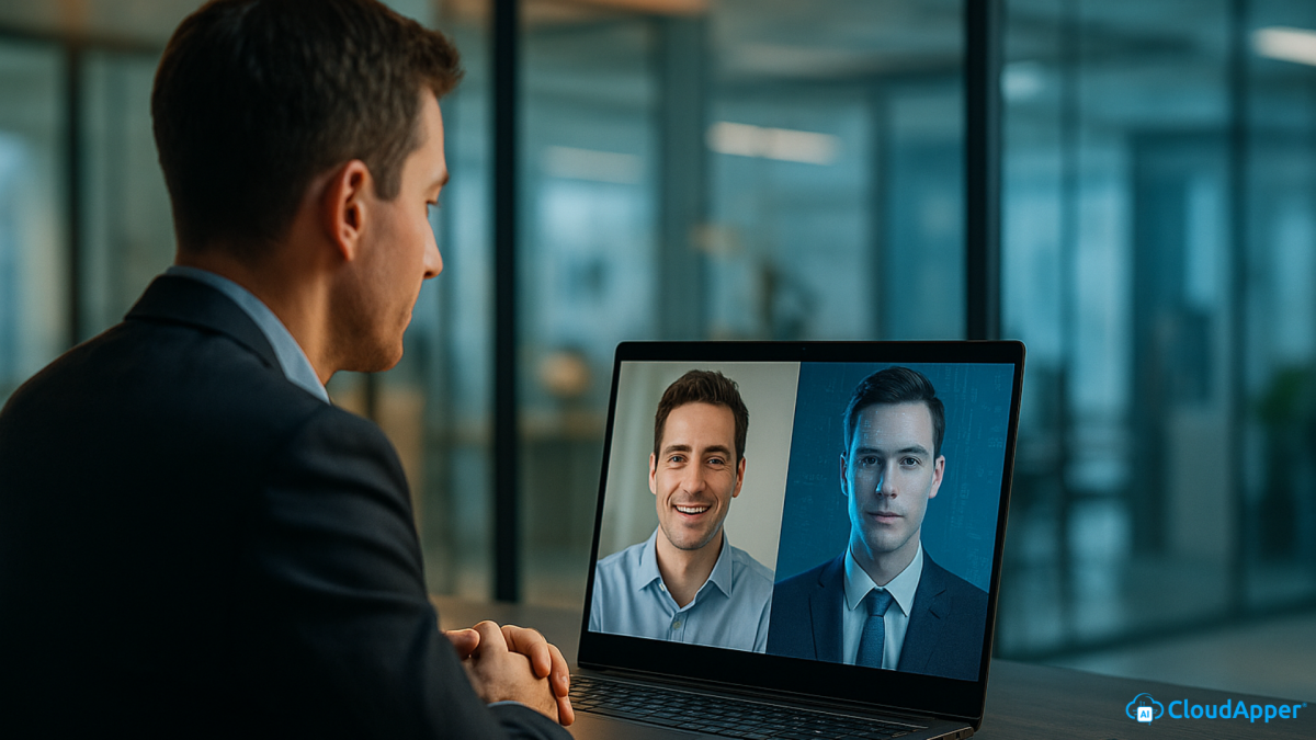 Recruiter comparing two candidates on video call, one authentic and one AI-assisted, symbolizing detection of AI tools in interviews.