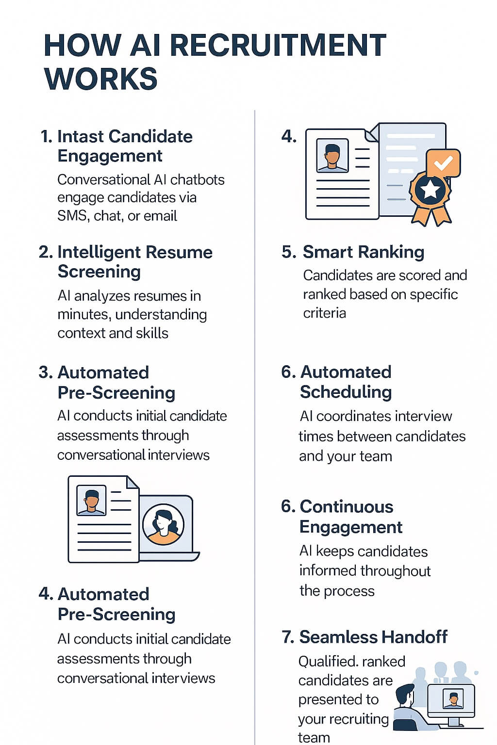 Two-column infographic explaining all seven steps of AI recruitment with flat-style icons and short descriptions on a clean white background.