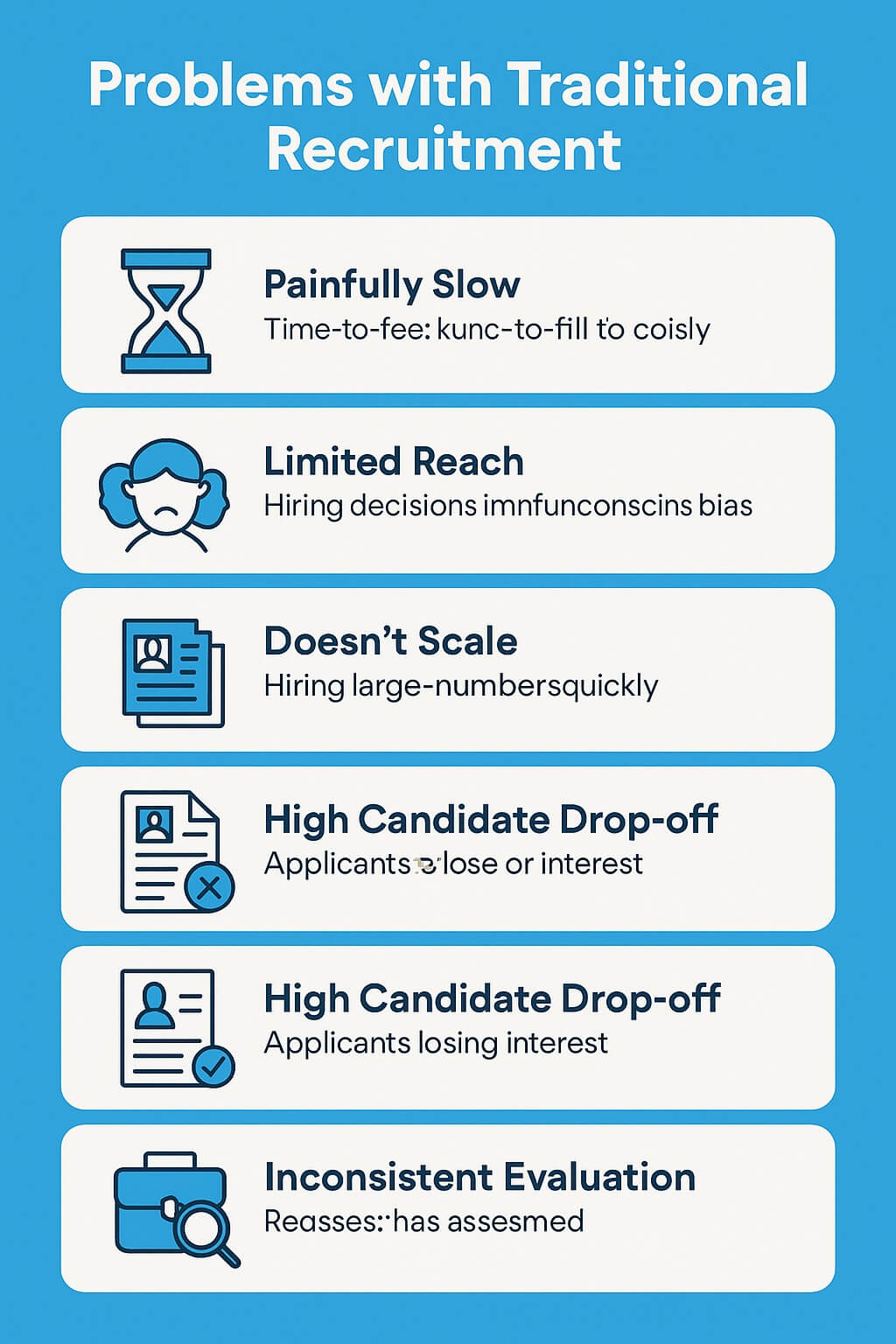 Infographic showing six problems with traditional recruitment: slow hiring, limited reach, unconscious bias, poor scalability, high candidate drop-off, and inconsistent evaluation—with icons for each issue.