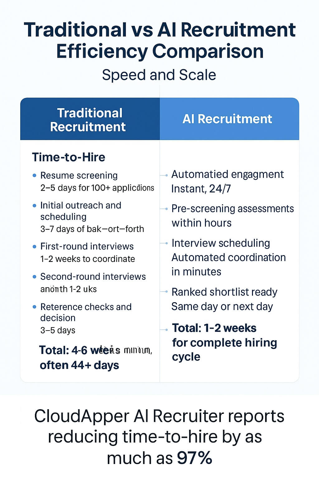Infographic comparing traditional vs AI recruitment efficiency, highlighting time-to-hire differences and CloudApper AI Recruiter’s 97% reduction rate.