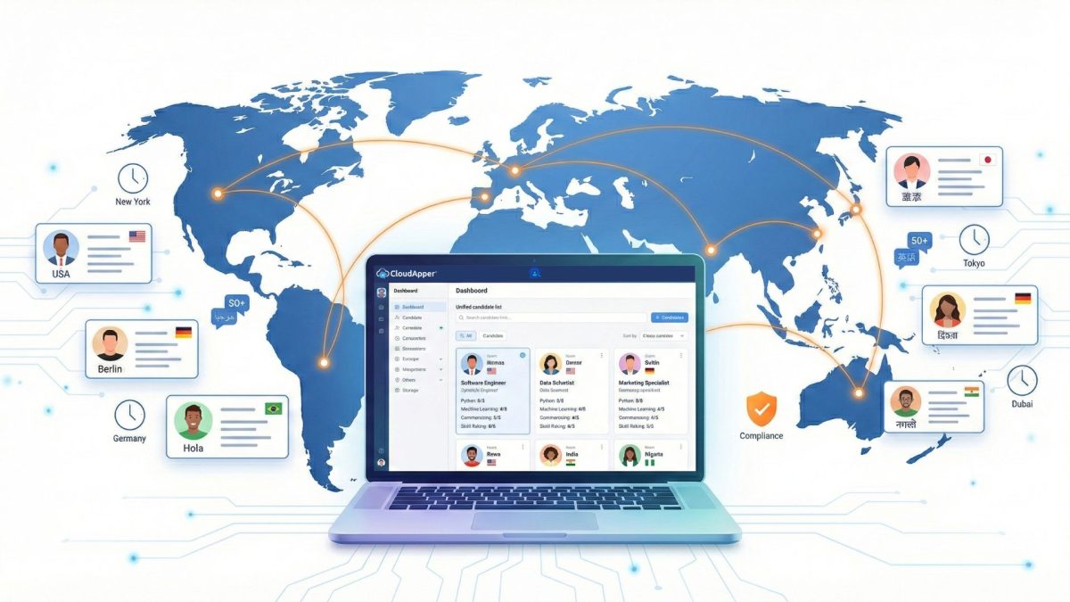 CloudApper AI Recruiter dashboard showing AI recruiting tools for global hiring with standardized resumes from multiple countries