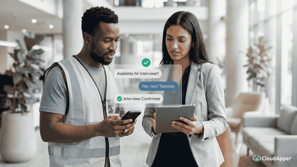 AI recruiting for frontline workers shown through a mobile-first, conversational hiring experience connecting candidates and recruiters