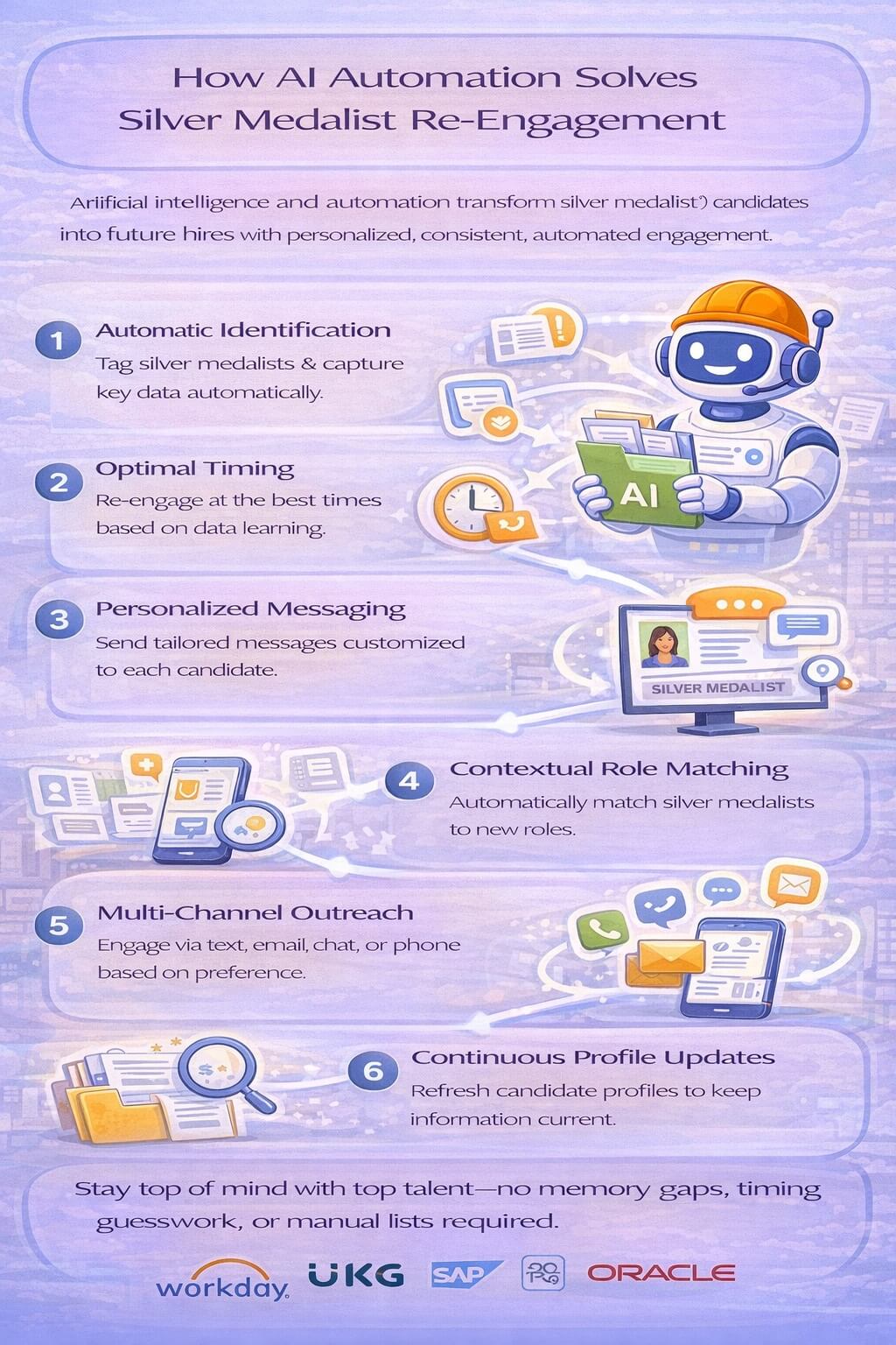 Infographic showing how AI automates silver medalist re-engagement through automatic tagging, intelligent timing, personalized messaging, contextual role matching, multi-channel outreach, and continuous profile updates.