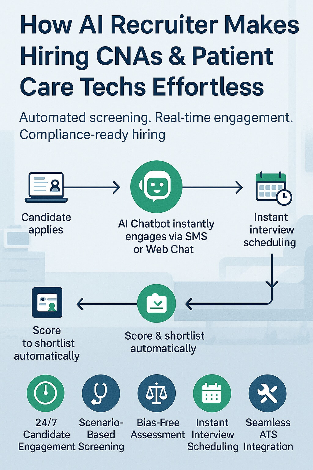Effortless CNA and patient care tech hiring using AI recruiter automation, showing step-by-step screening and interview scheduling.