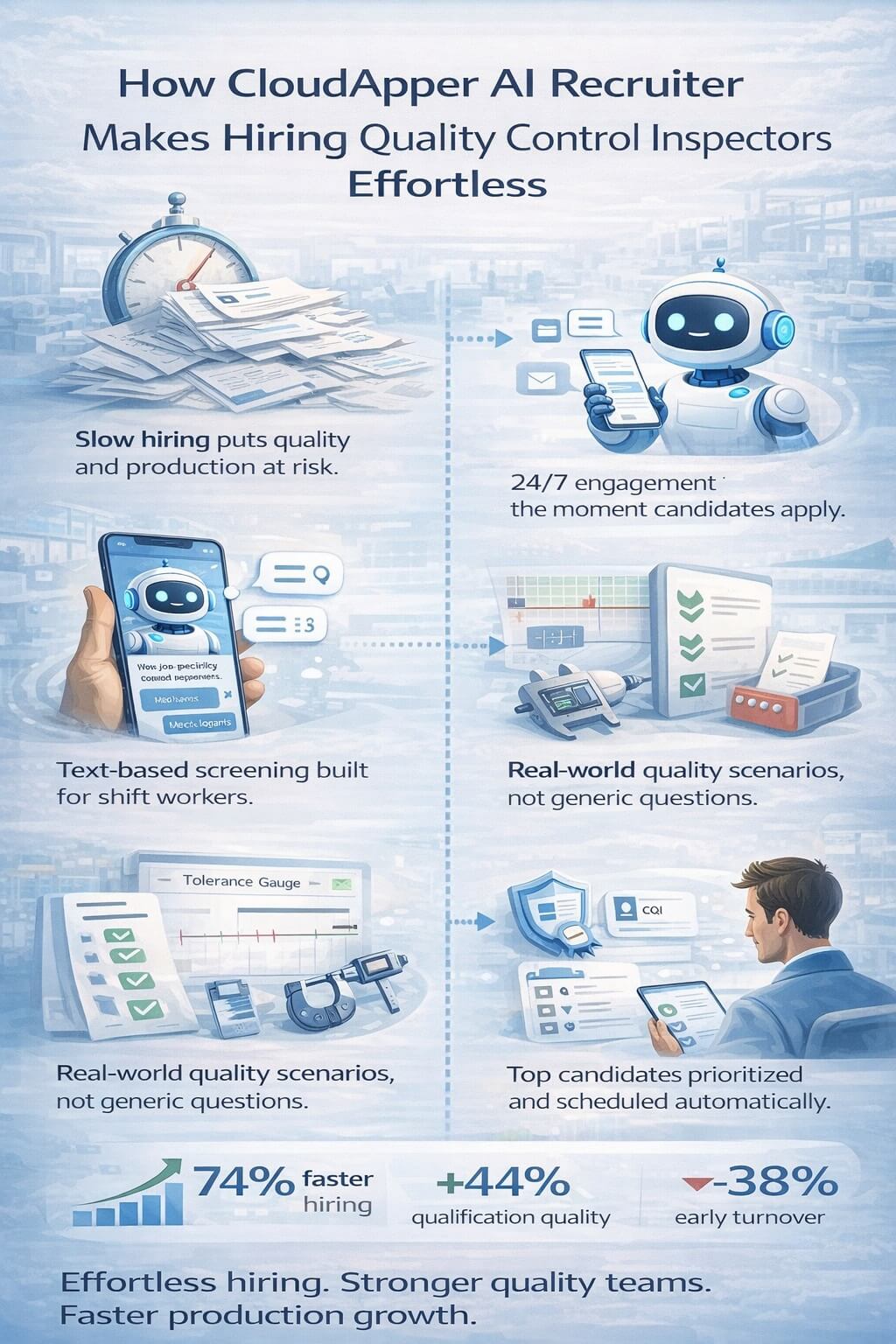 Portrait infographic showing how CloudApper AI Recruiter simplifies hiring quality control inspectors through instant 24/7 engagement, SMS-based screening, quality-focused assessments, automated ranking, and faster hiring results.