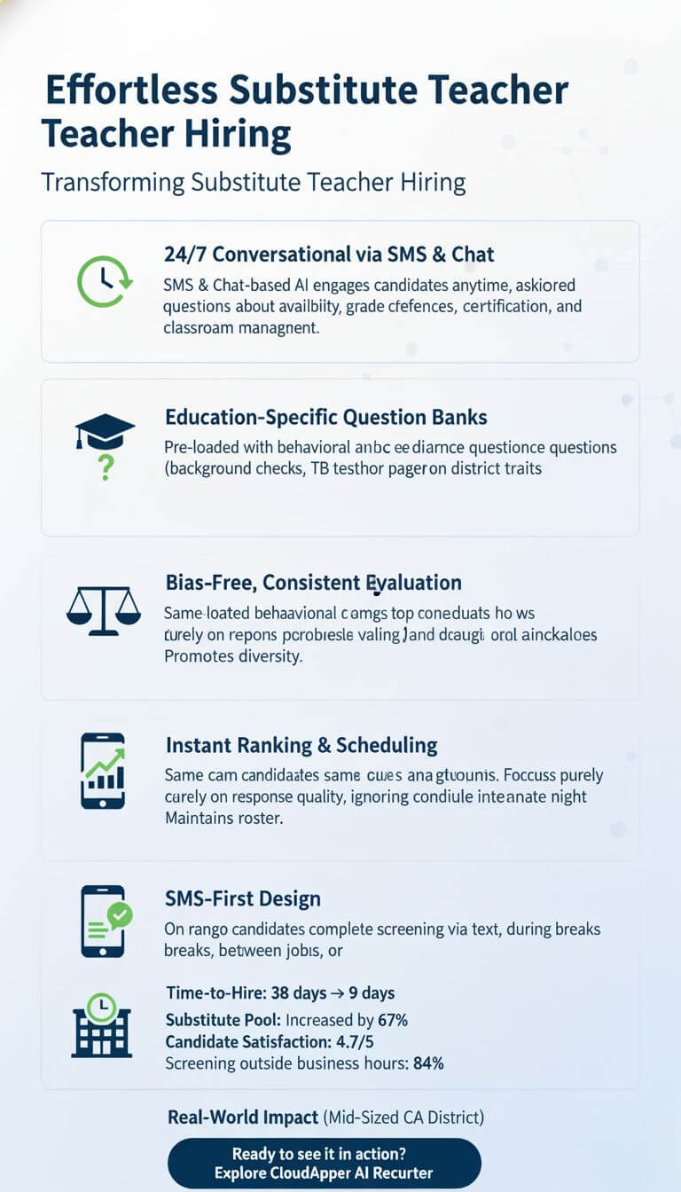 Infographic detailing how AI streamlines substitute teacher hiring, covering 24/7 screening, education-specific questions, bias-free evaluation, instant ranking, SMS-first design, and real-world impact with reduced time-to-hire and increased substitute pool.