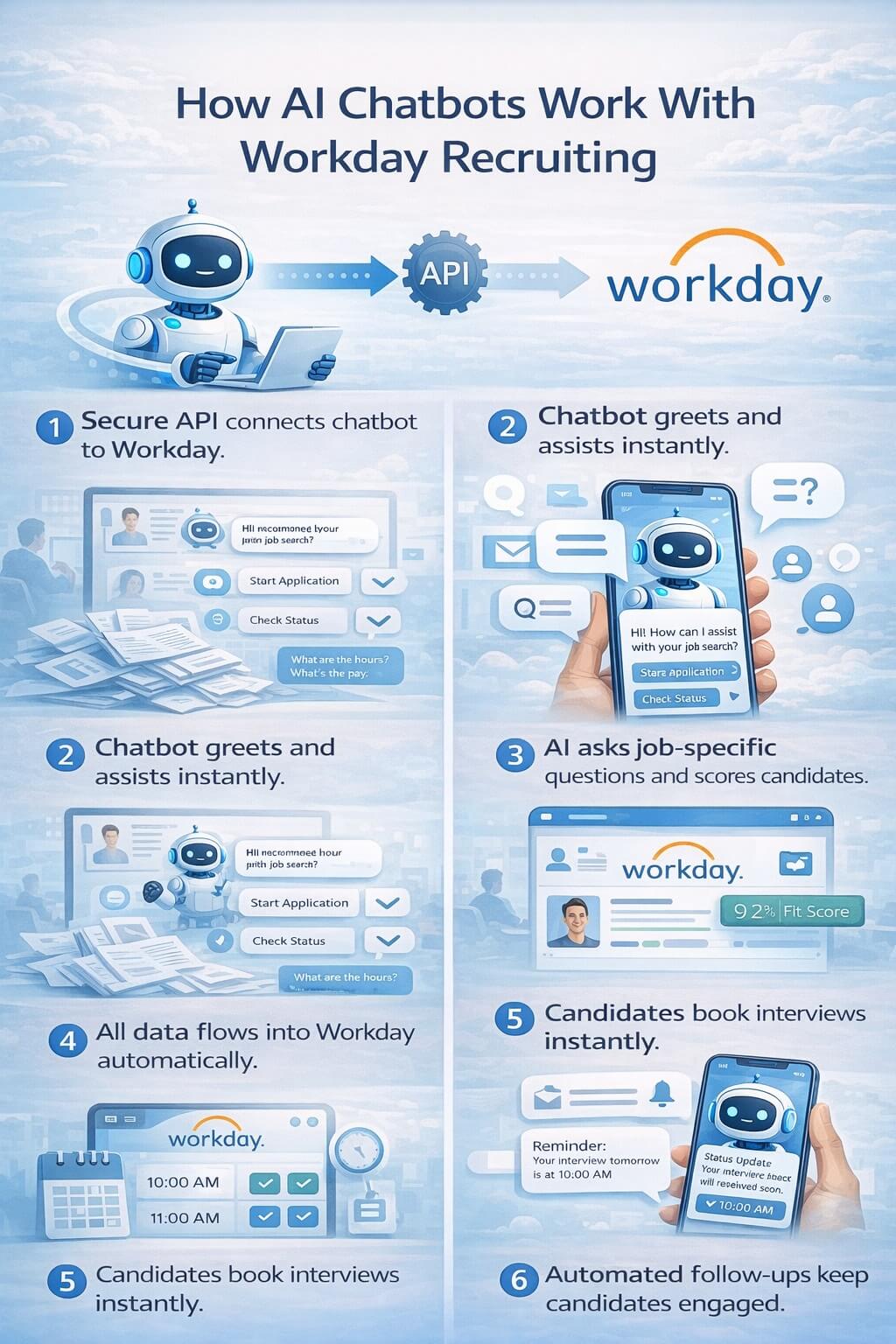 Portrait infographic explaining how AI chatbots integrate with Workday Recruiting, showing six steps: secure API connection, instant candidate greeting, job-specific AI screening, automatic Workday data syncing, instant interview scheduling, and automated candidate follow-ups.