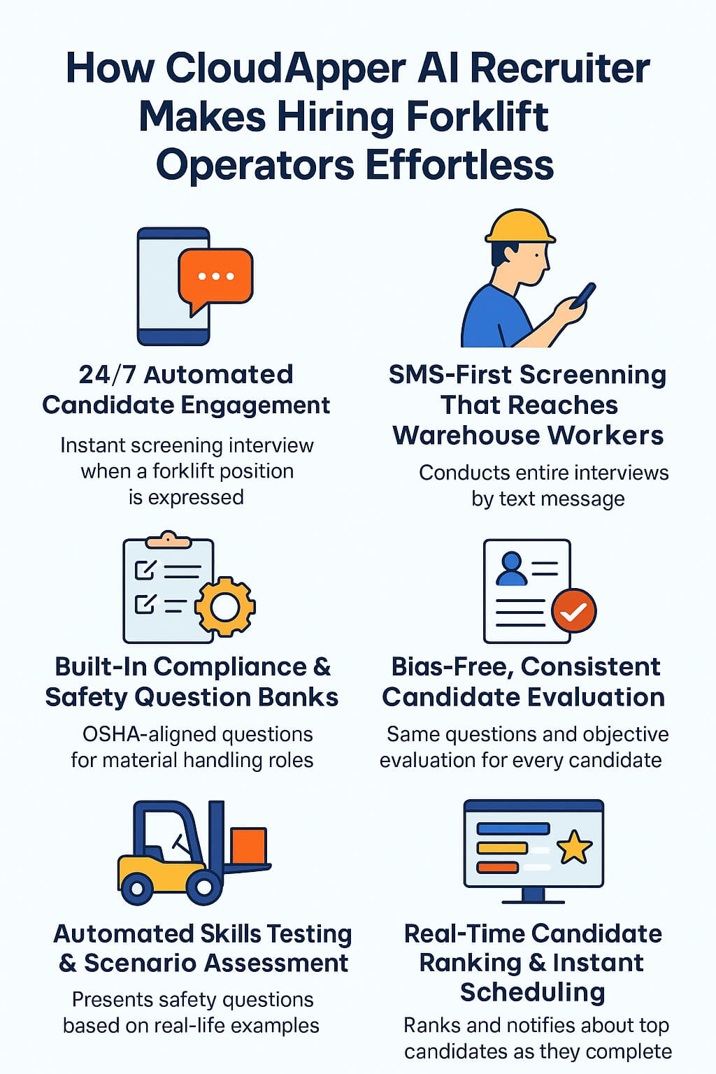 Infographic showing how CloudApper AI Recruiter automates forklift operator hiring with 24/7 engagement, SMS screening, compliance questions, unbiased evaluation, skills testing, and real-time scheduling.