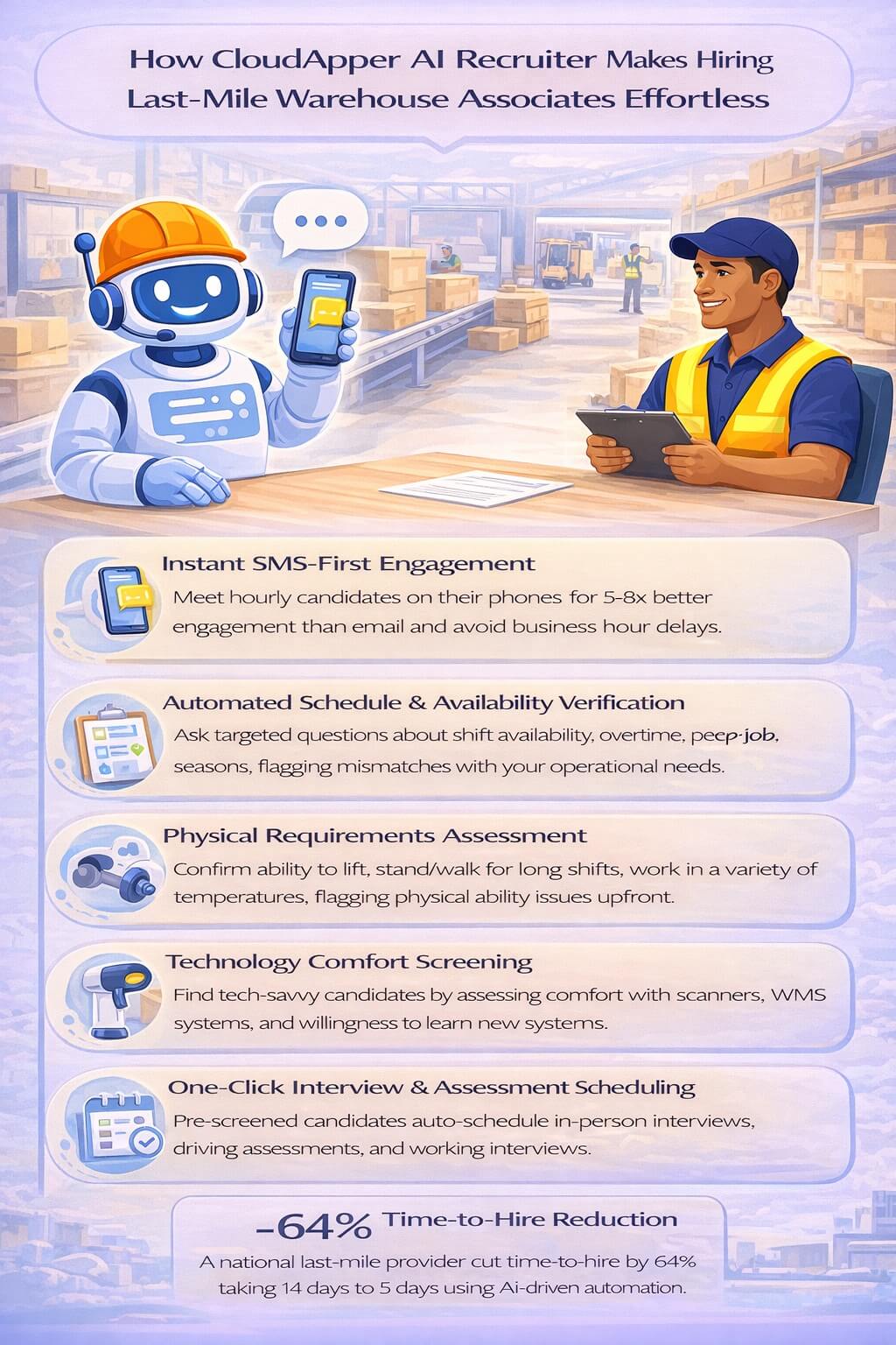 Simple infographic showing how AI automates last-mile warehouse associate hiring with instant SMS engagement, automated schedule verification, physical requirements screening, technology comfort checks, and one-click interview scheduling—without any logos.