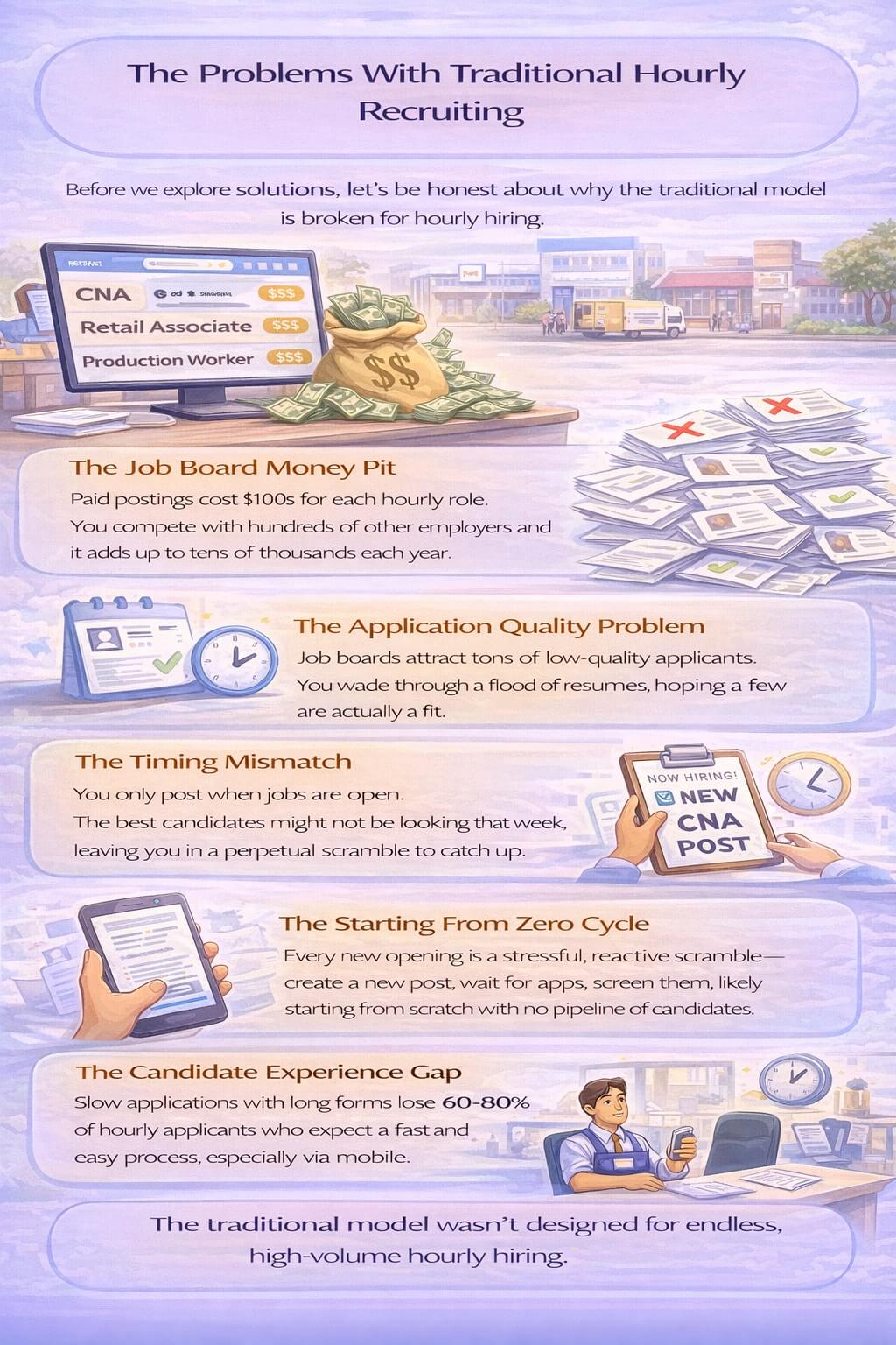 Infographic outlining the problems with traditional hourly recruiting, including job board costs, low application quality, timing mismatches, reactive hiring cycles, poor mobile candidate experience, and high interview no-show rates.