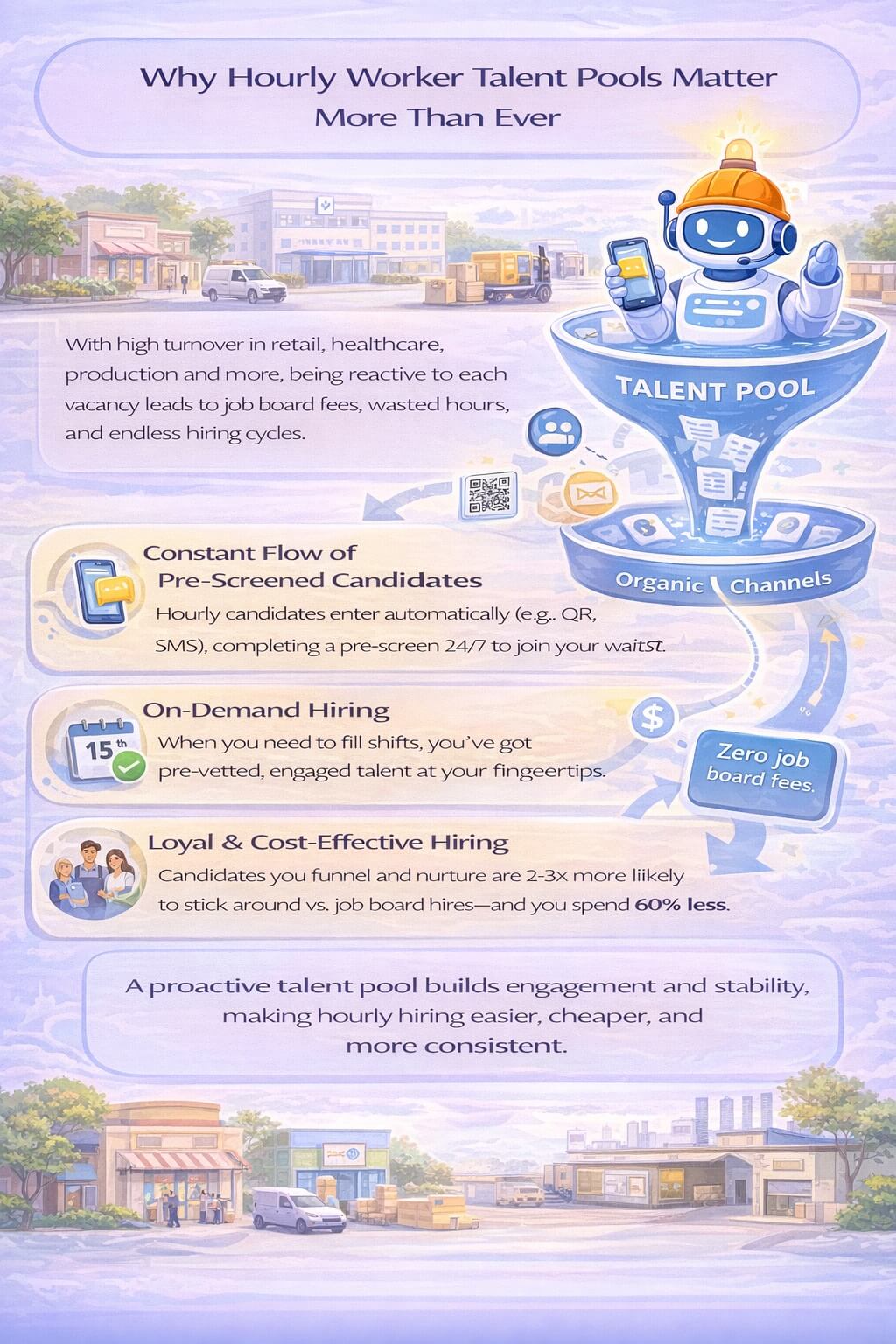 Infographic explaining why hourly worker talent pools matter, highlighting high turnover rates, the cost of reactive hiring, and how proactive, pre-screened talent pools reduce job board spend, speed hiring, and improve retention.