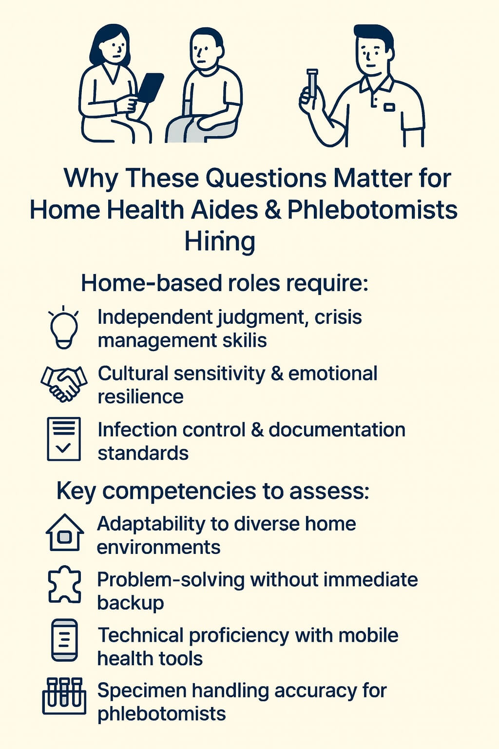 Two-column infographic explaining why targeted interview questions are essential for hiring Home Health Aides and Phlebotomists, highlighting independent judgment, adaptability, technical proficiency, and specimen handling accuracy.