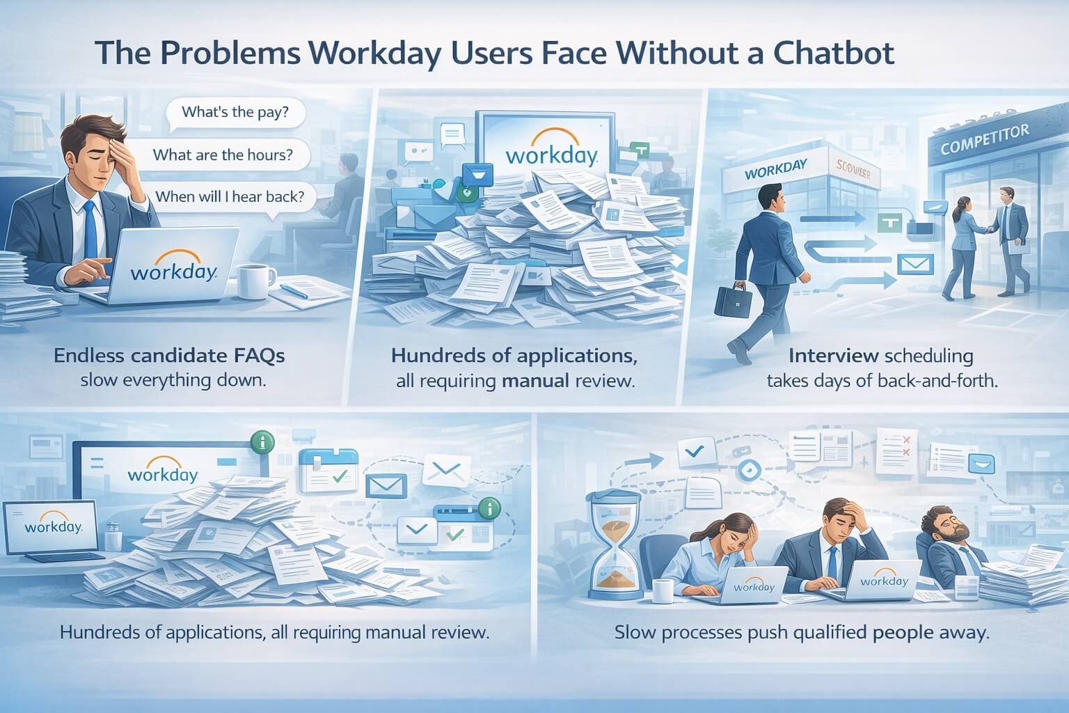 Infographic illustrating the main problems Workday users face without a recruitment chatbot, including repeated candidate FAQs, overwhelming resume piles, slow interview scheduling, losing qualified candidates to competitors, and recruiter burnout.