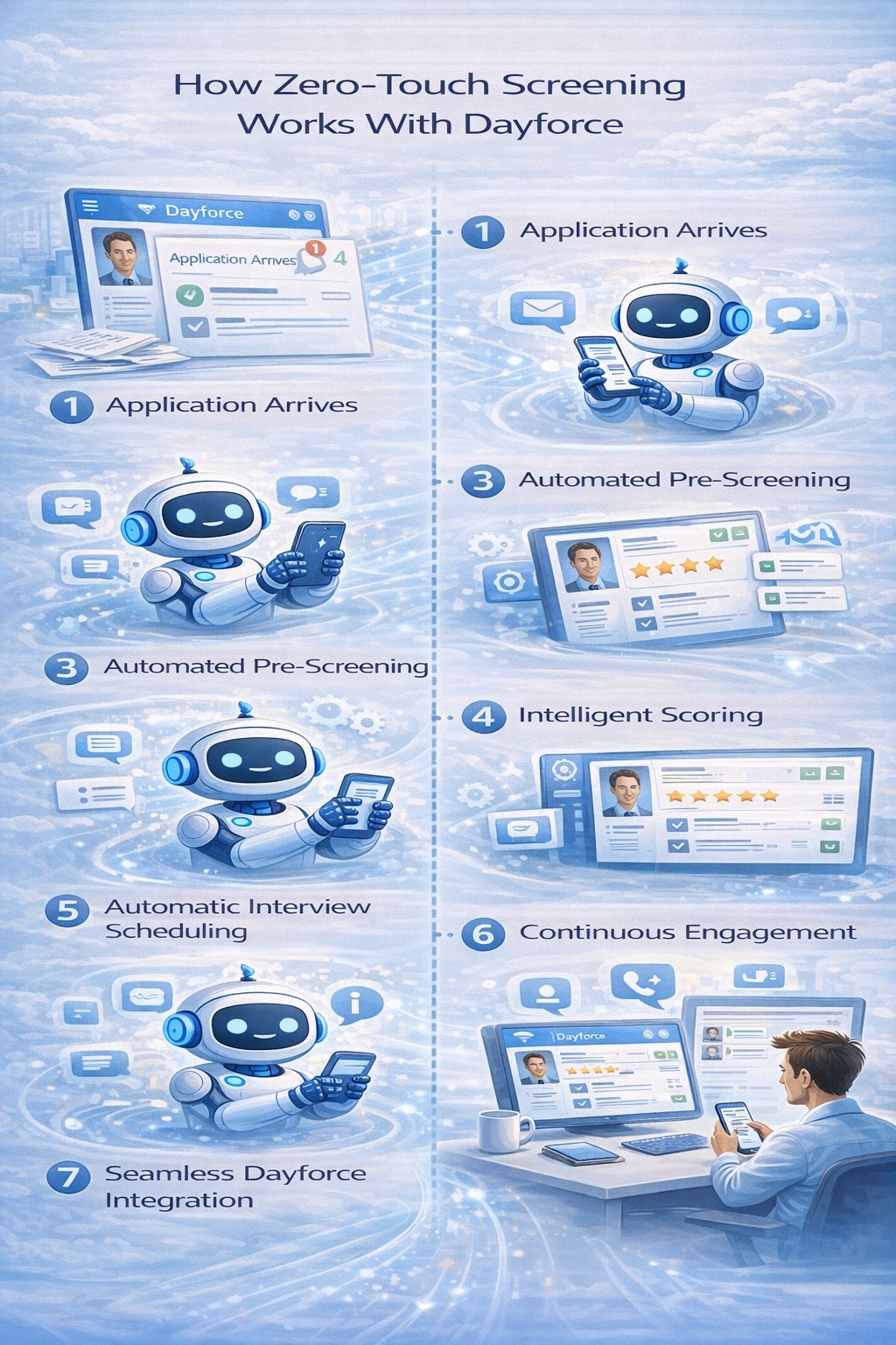 Portrait infographic showing how zero-touch screening works with Dayforce through seven automated steps, including application intake, AI resume analysis, automated pre-screening, intelligent scoring, interview scheduling, continuous candidate engagement, and seamless Dayforce data synchronization.