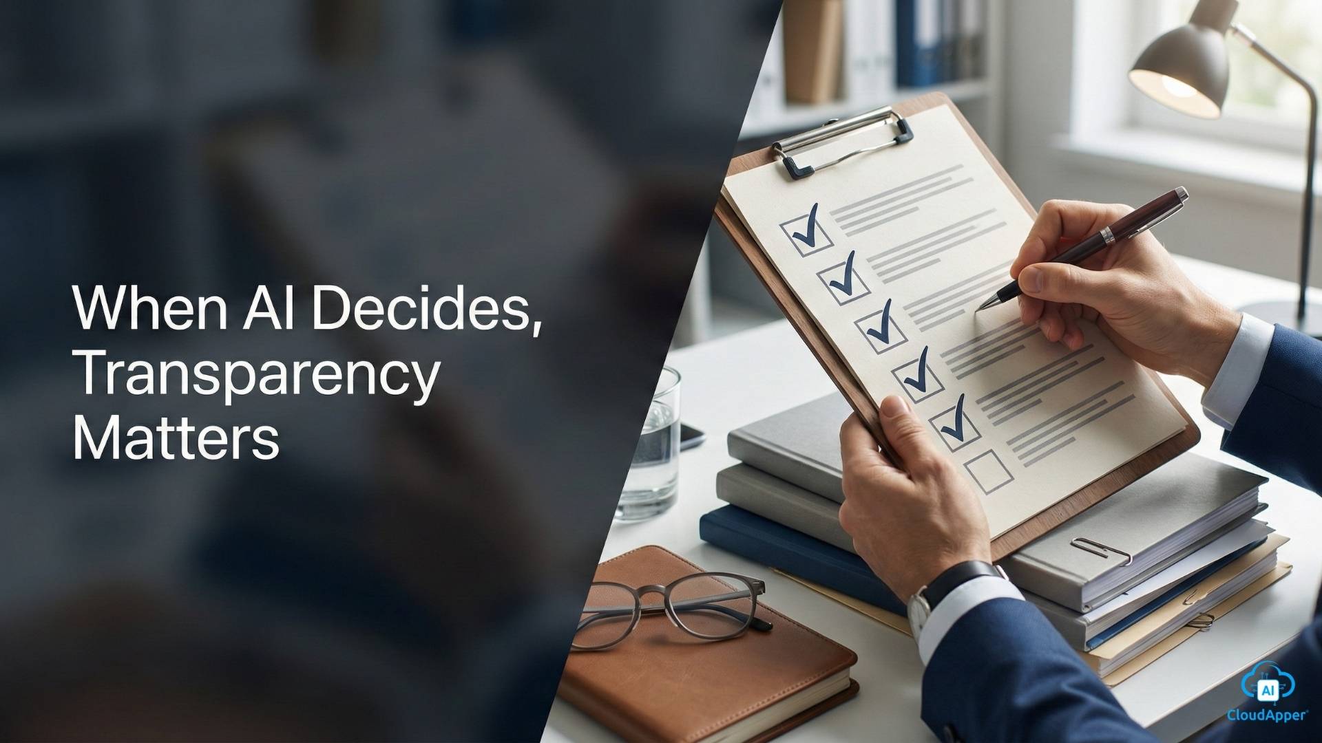 AI hiring transparency shown through a split visual of documented hiring compliance and AI-assisted decision review