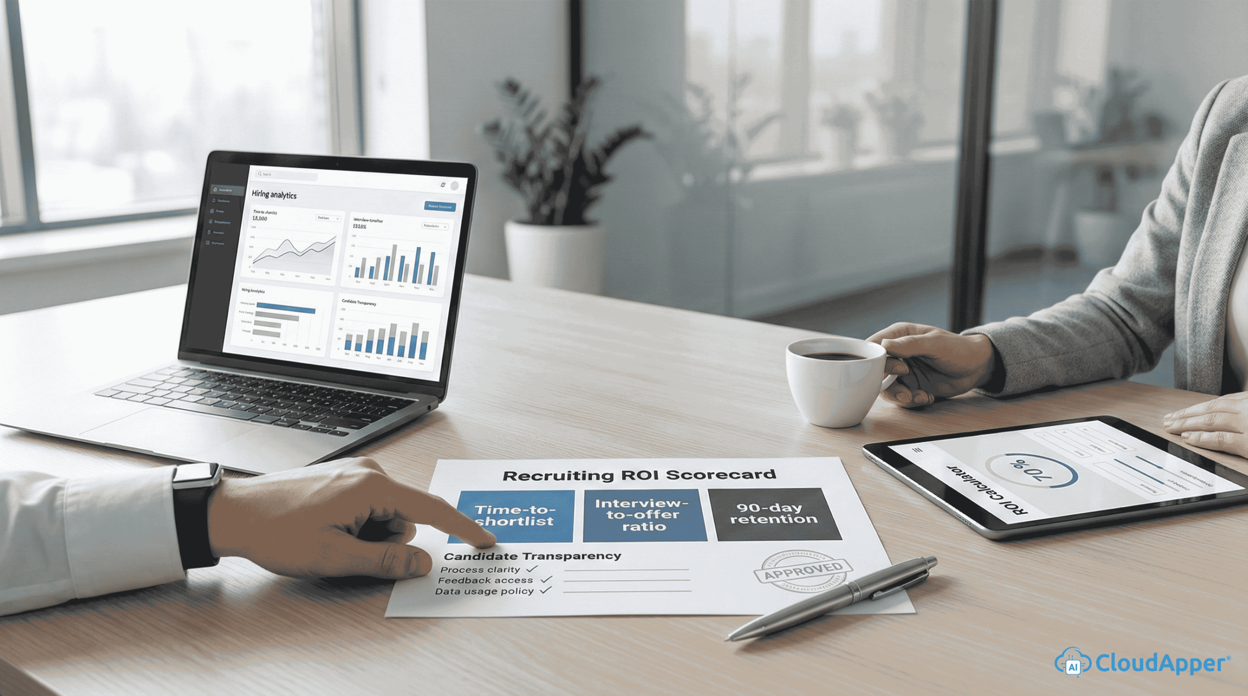 AI recruiting ROI cover image showing a recruiting ROI scorecard with key metrics, a laptop dashboard, and an ROI calculator on a tablet to emphasize trust and measurable hiring outcomes.