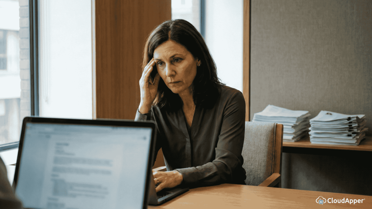 Recruiter reviewing a large volume of job applications on a laptop in a modern office environment.