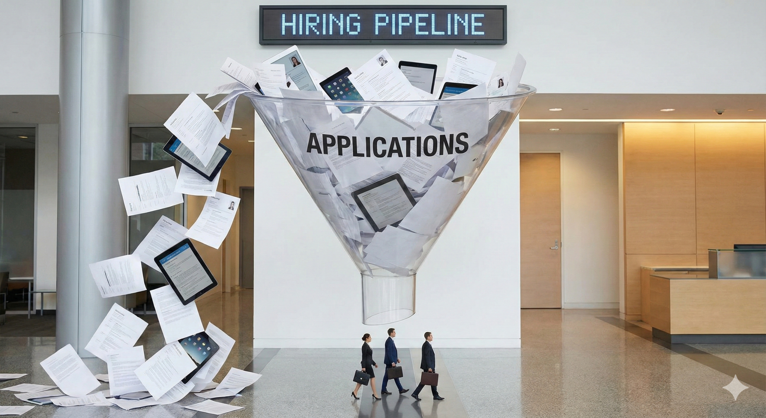 Illustration showing a hiring funnel overloaded with job applications, where only a small number represent real, qualified candidates.
