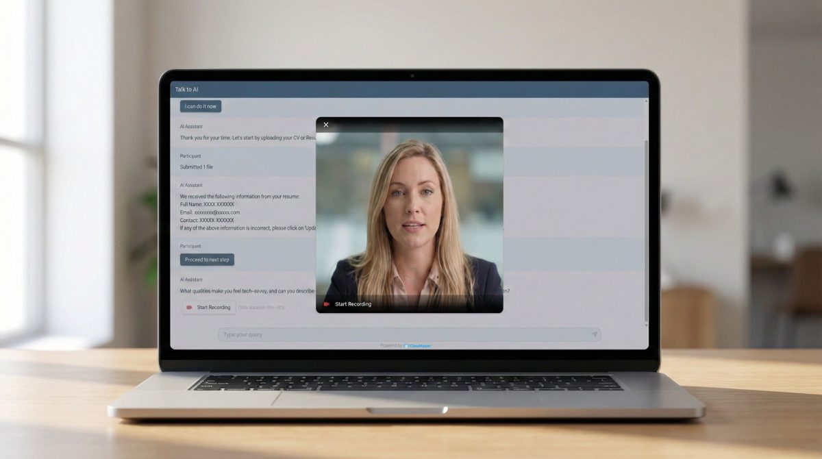 Candidate recording an asynchronous one-way video interview through a chatbot interface on a laptop