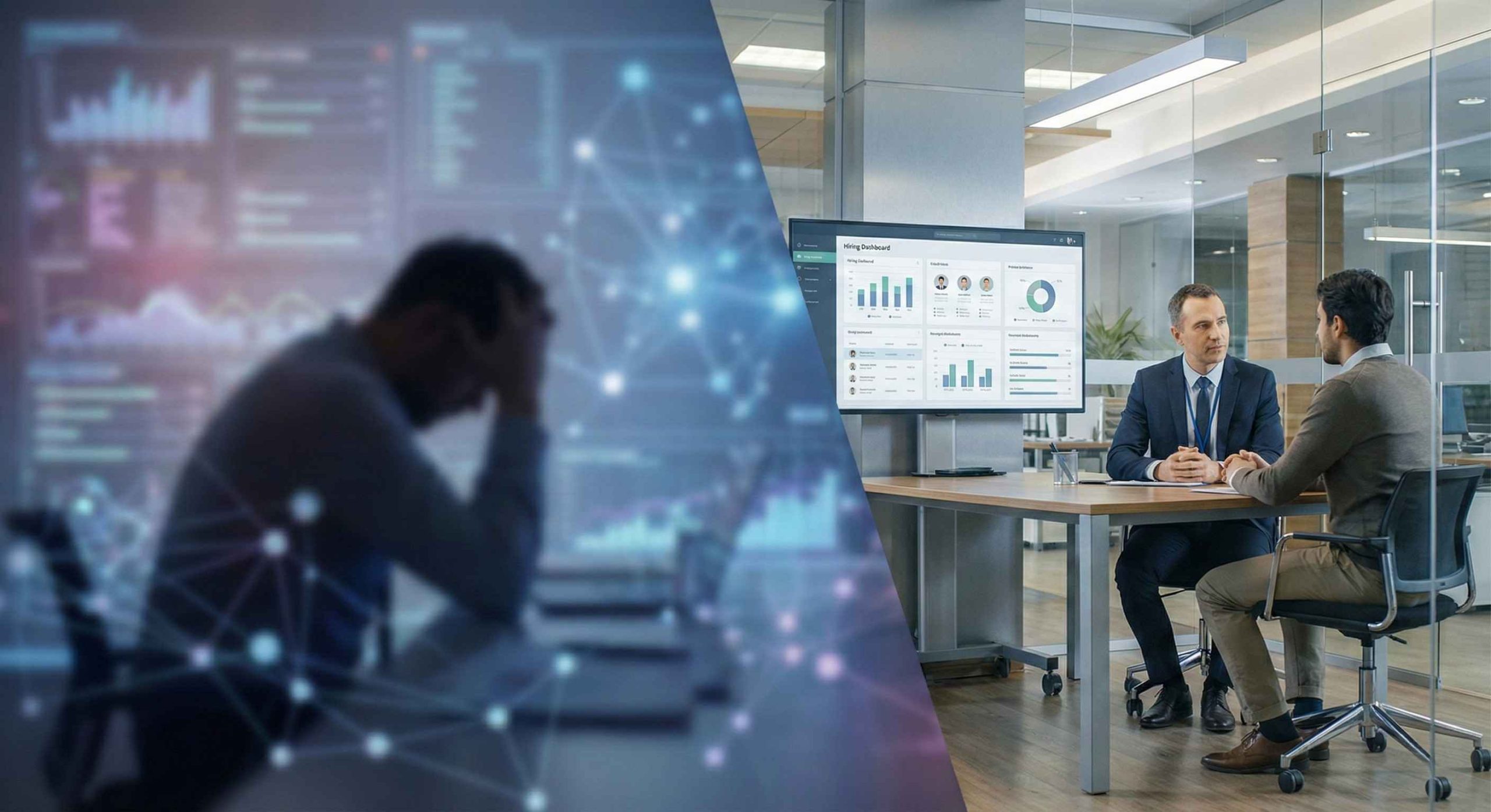 Comparison of opaque AI hiring decisions versus transparent, explainable recruiting