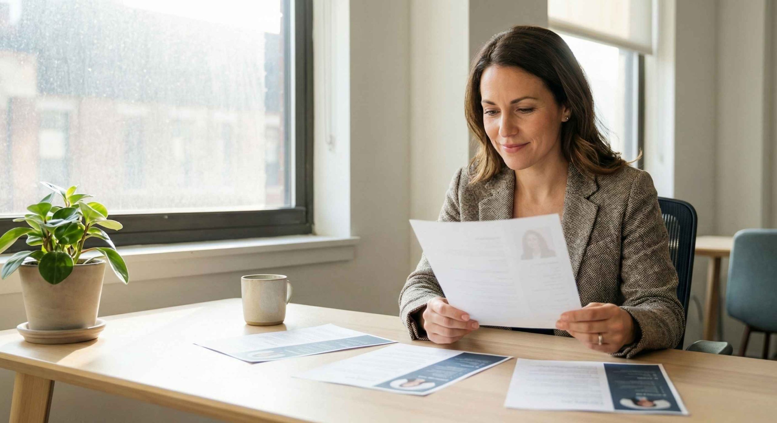 Calm recruiter reviewing a small set of clearly qualified candidates with focus and confidence