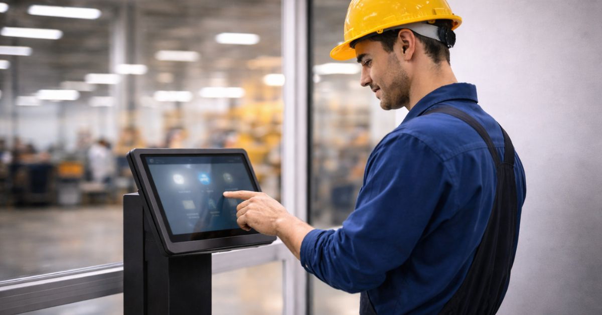 Frontline employee calmly interacting with an AI-powered HR time clock in a modern workplace.