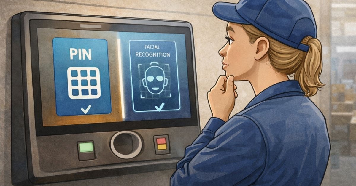 Illustration showing a frontline employee choosing between facial recognition and PIN time clock authentication, highlighting trust in modern timekeeping.