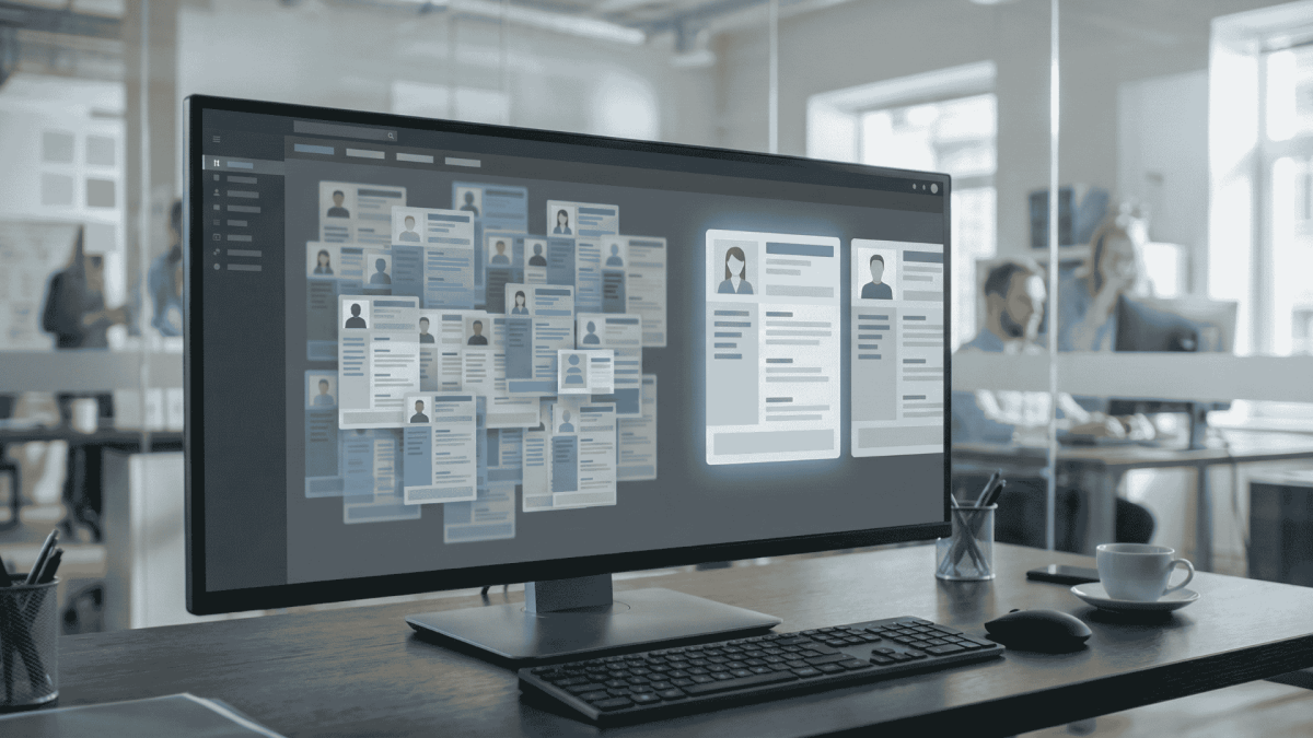 Recruiter dashboard overwhelmed by AI-generated job applications, with a few clear candidate profiles standing out from application noise.