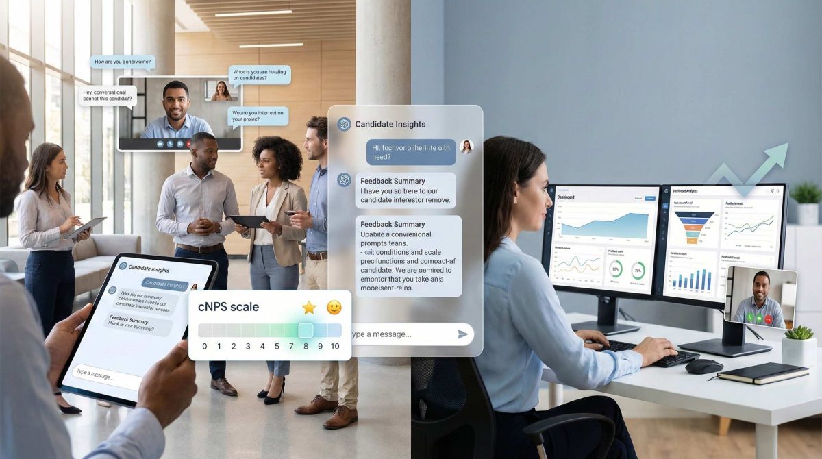 Illustration showing candidate experience feedback, cNPS scoring, conversational AI with human recruiter oversight, and employer brand impact in recruitment.