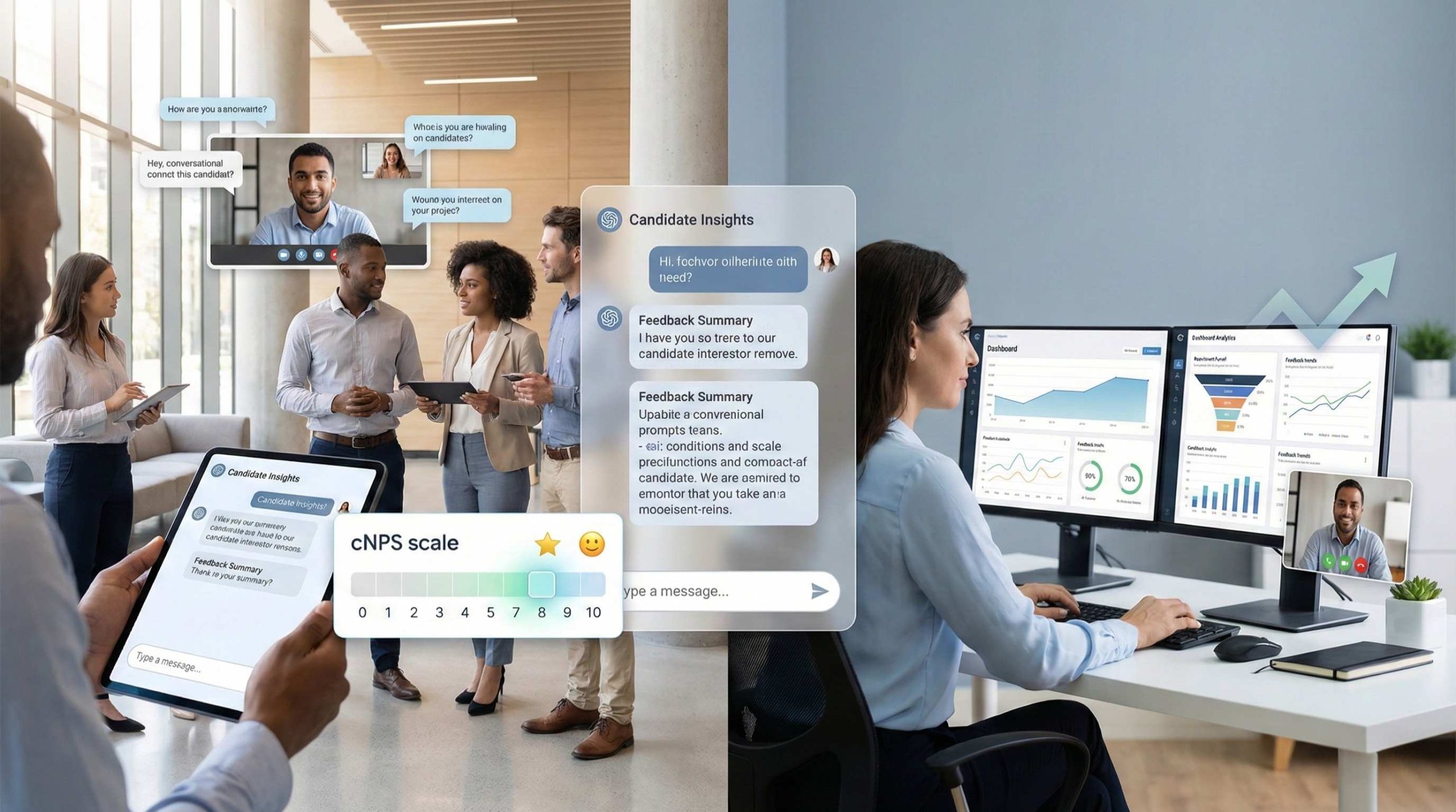 Illustration showing candidate experience feedback, cNPS scoring, conversational AI with human recruiter oversight, and employer brand impact in recruitment.