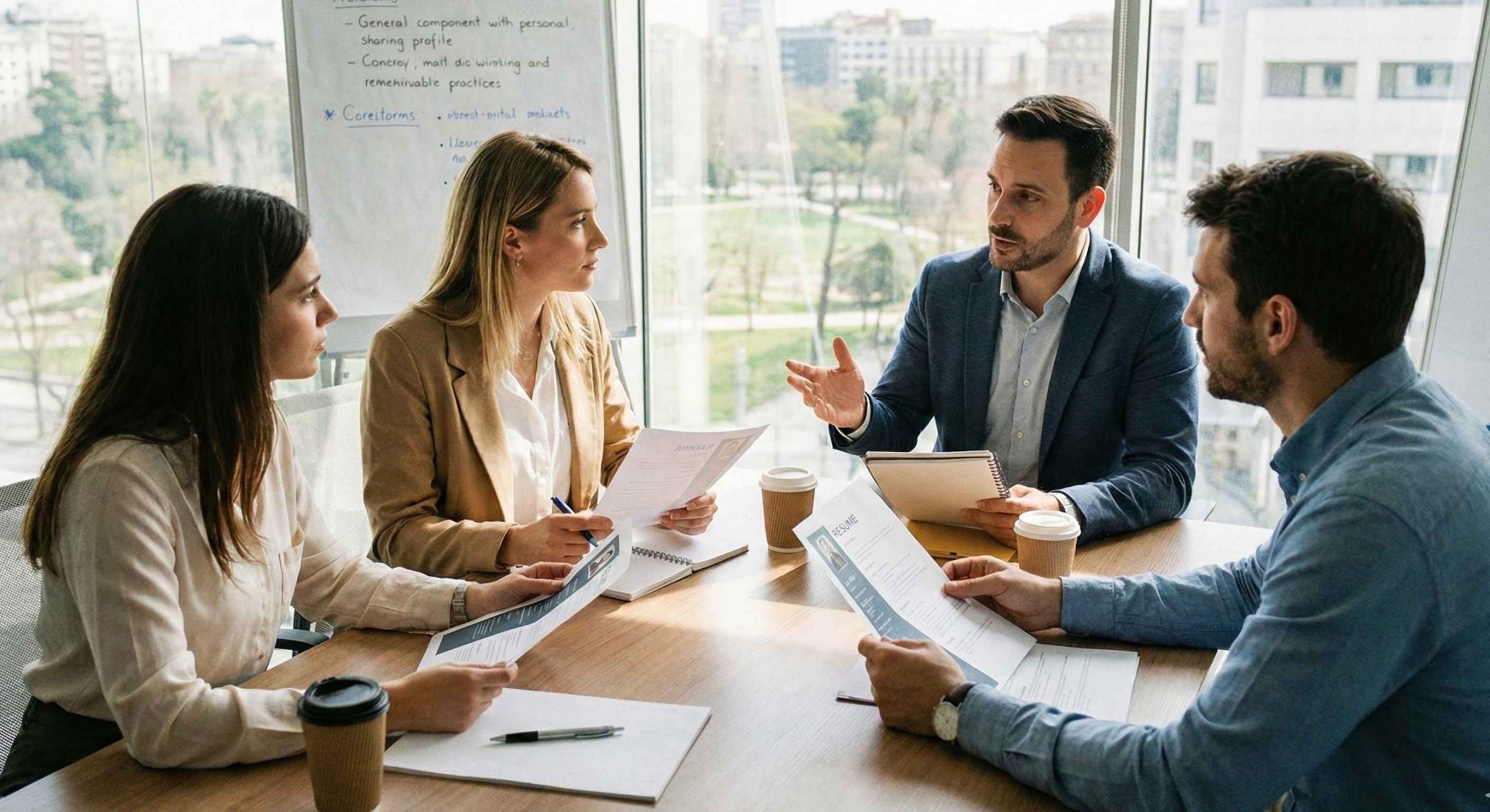 Recruiters and hiring managers discussing candidates thoughtfully in a professional setting