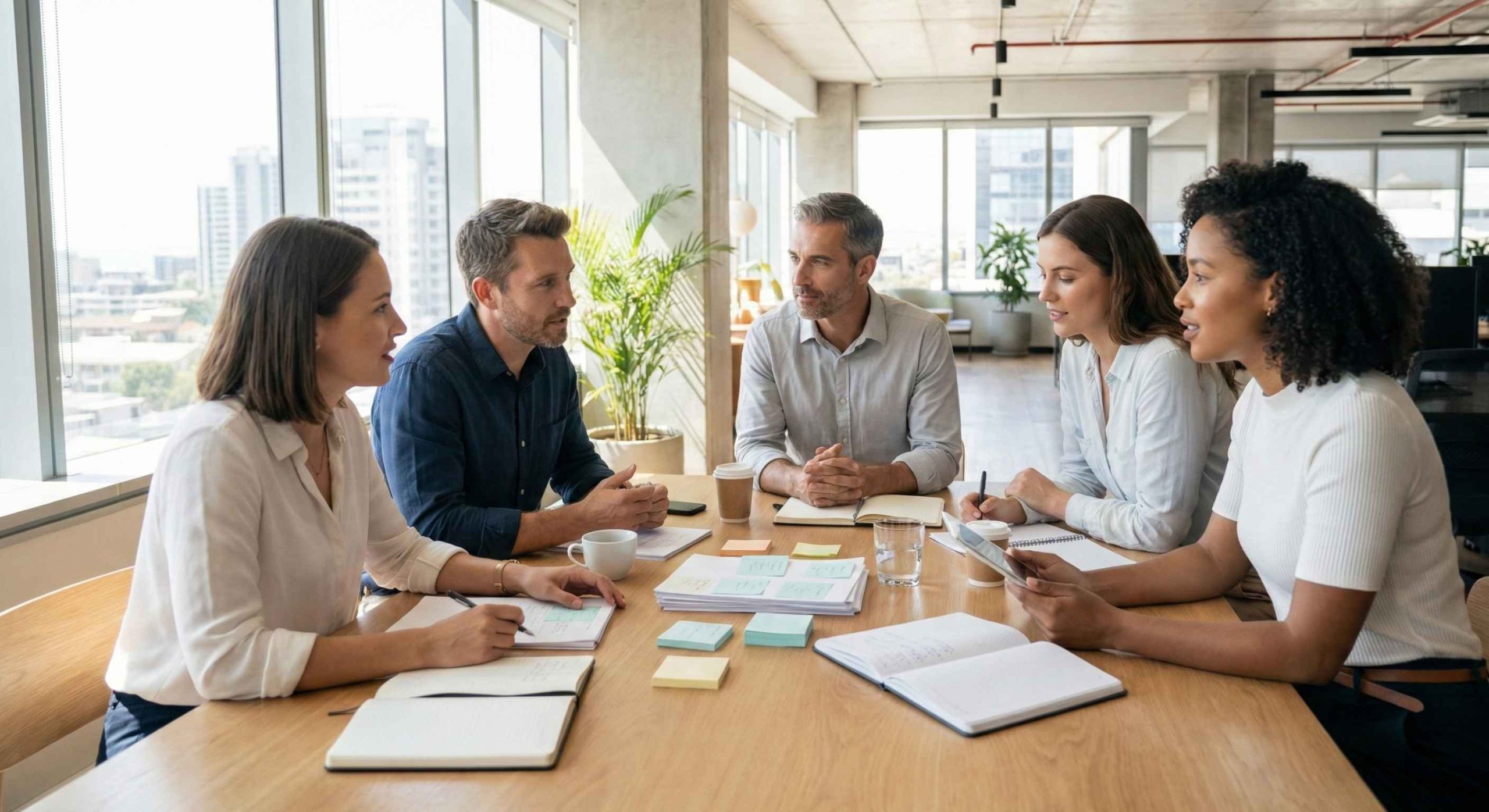Recruiters and hiring managers discussing candidates thoughtfully with minimal technology visible