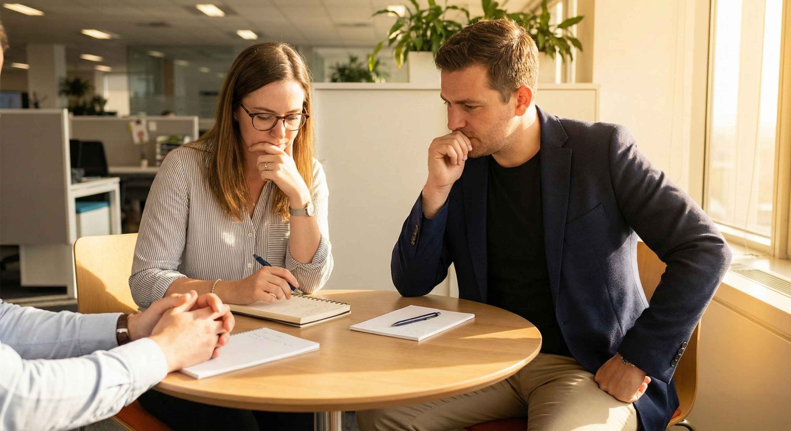 Recruiters collaborating and evaluating candidates together, representing human-in-the-loop hiring in an AI-assisted process.